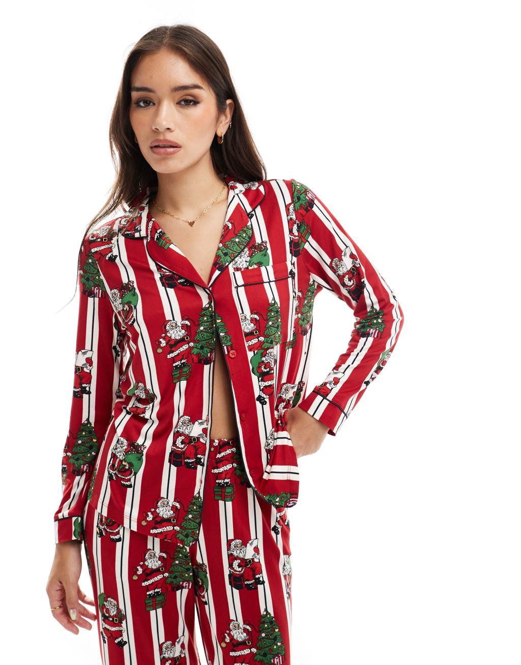Chelsea Peers poly Christmas His & Hers long sleeve revere and pants pajama set in vintage santa stripe print Product Image