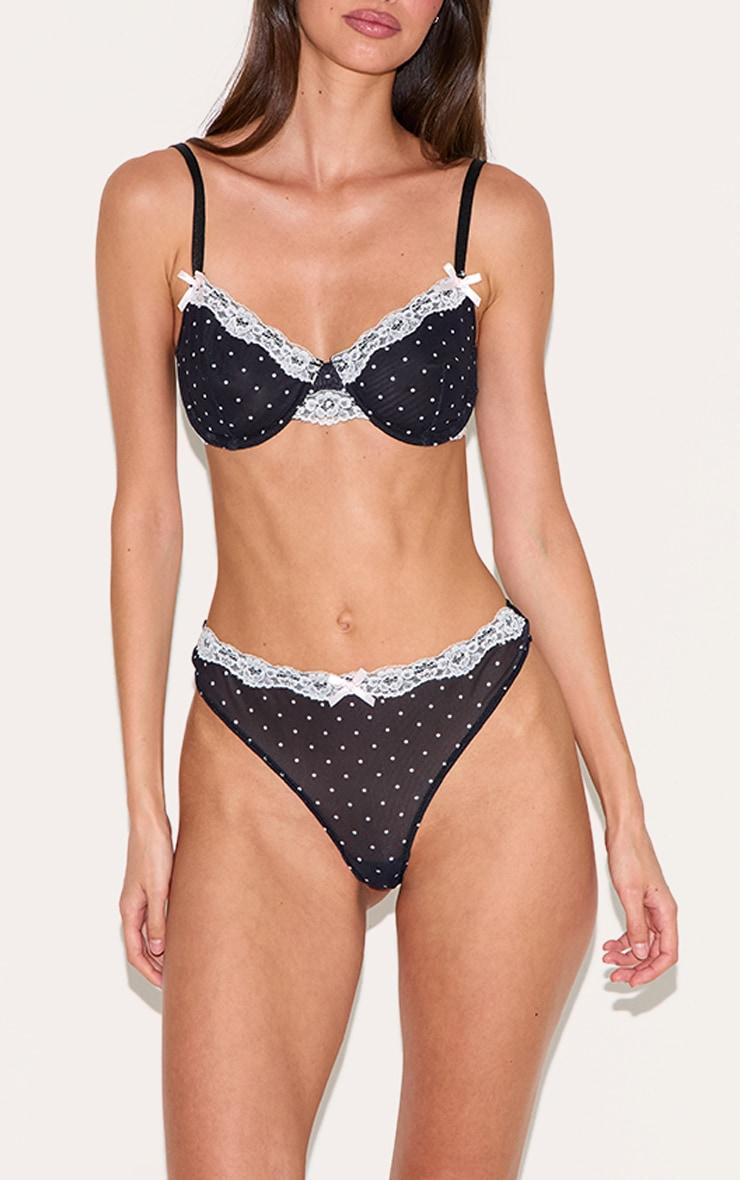 Black Polka Dot Lace Trim Underwired Lingerie Set Product Image