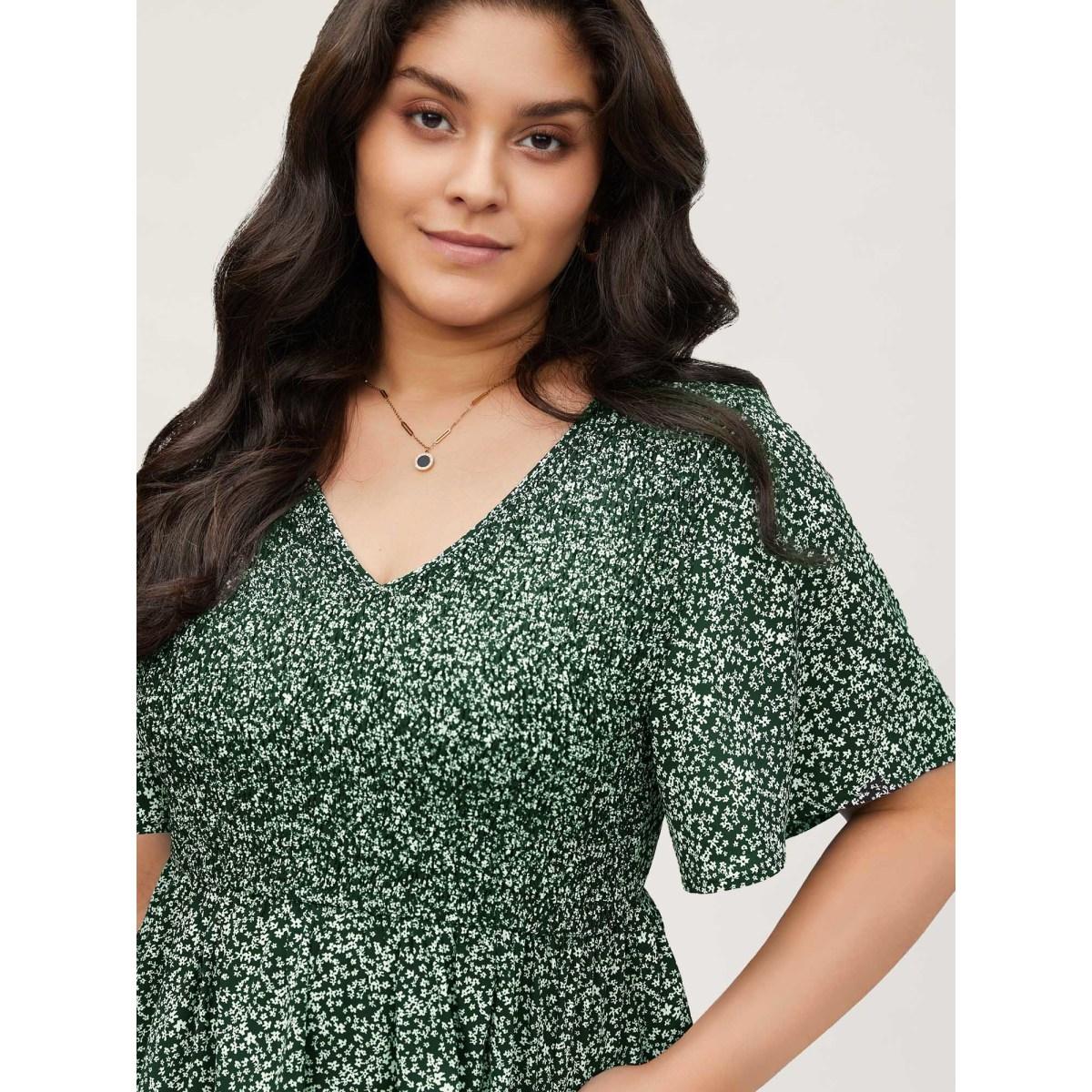 Plus Size Black Ditsy Floral Shirred Ruffle Sleeve Elastic Waist Blouse Women Timeless Short sleeve V-neck Elegant Blouses BloomChic 28/5X Product Image