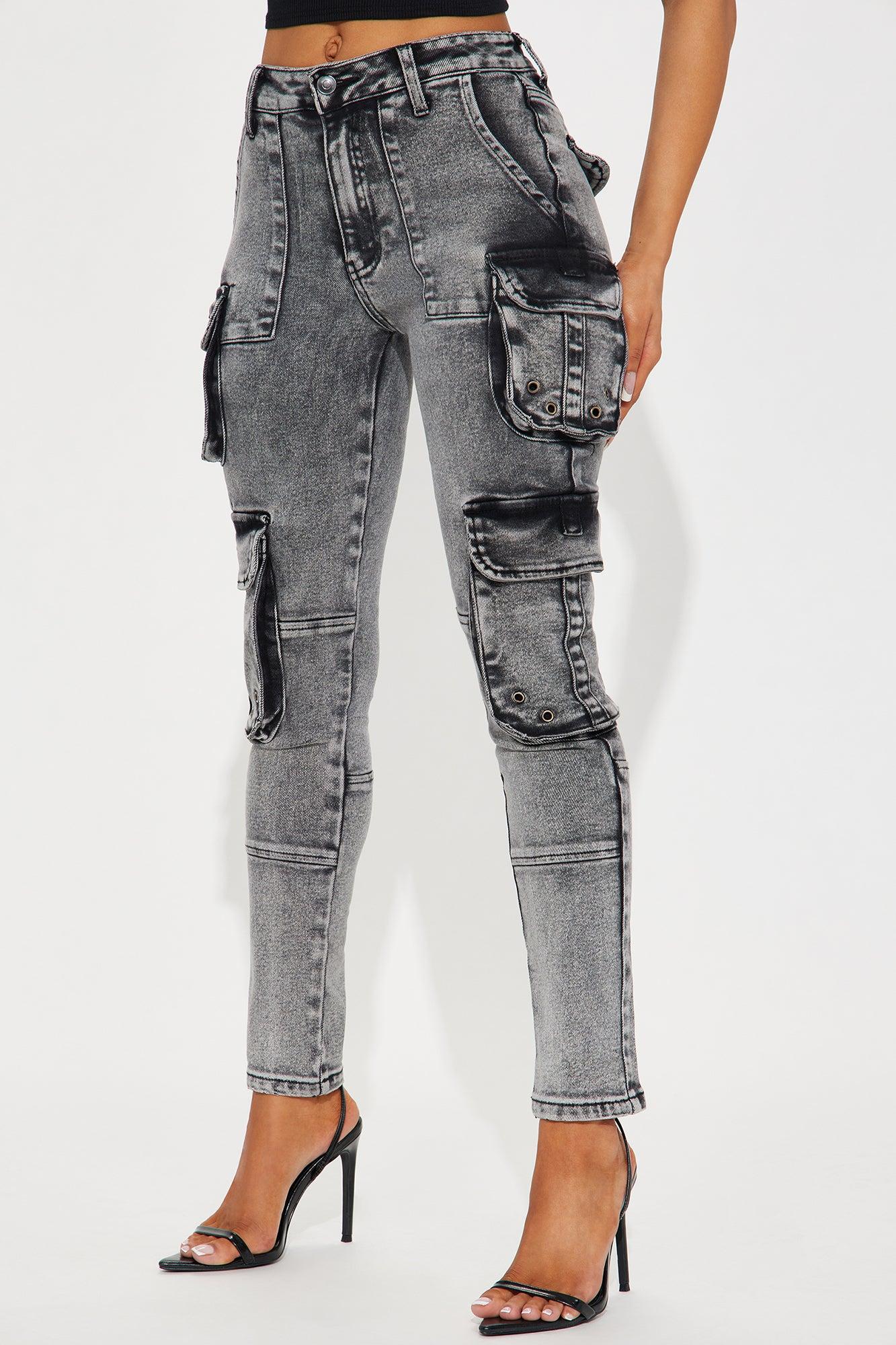 Dealing With It Cargo Stretch Skinny Jeans - Acid Wash Black Product Image