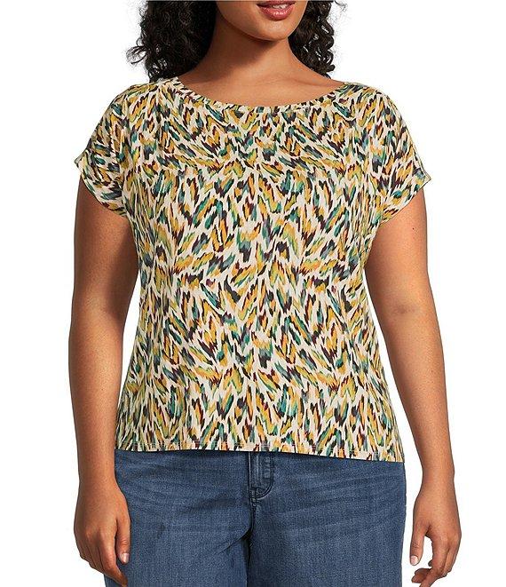Liverpool Los Angeles Plus Size Multi Animal Print Boat Neck Cap Sleeve Top Product Image