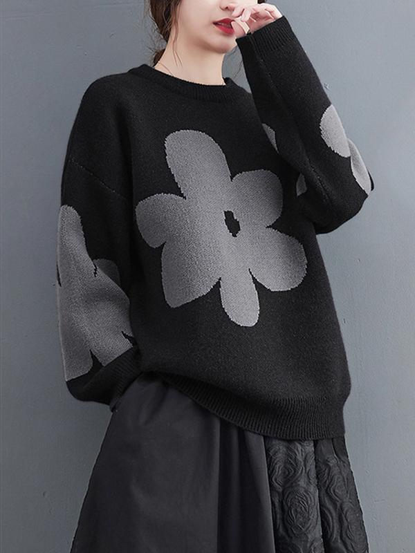Casual Loose Long Sleeves Contrast Color Jacquard Round-Neck Sweater Tops Product Image