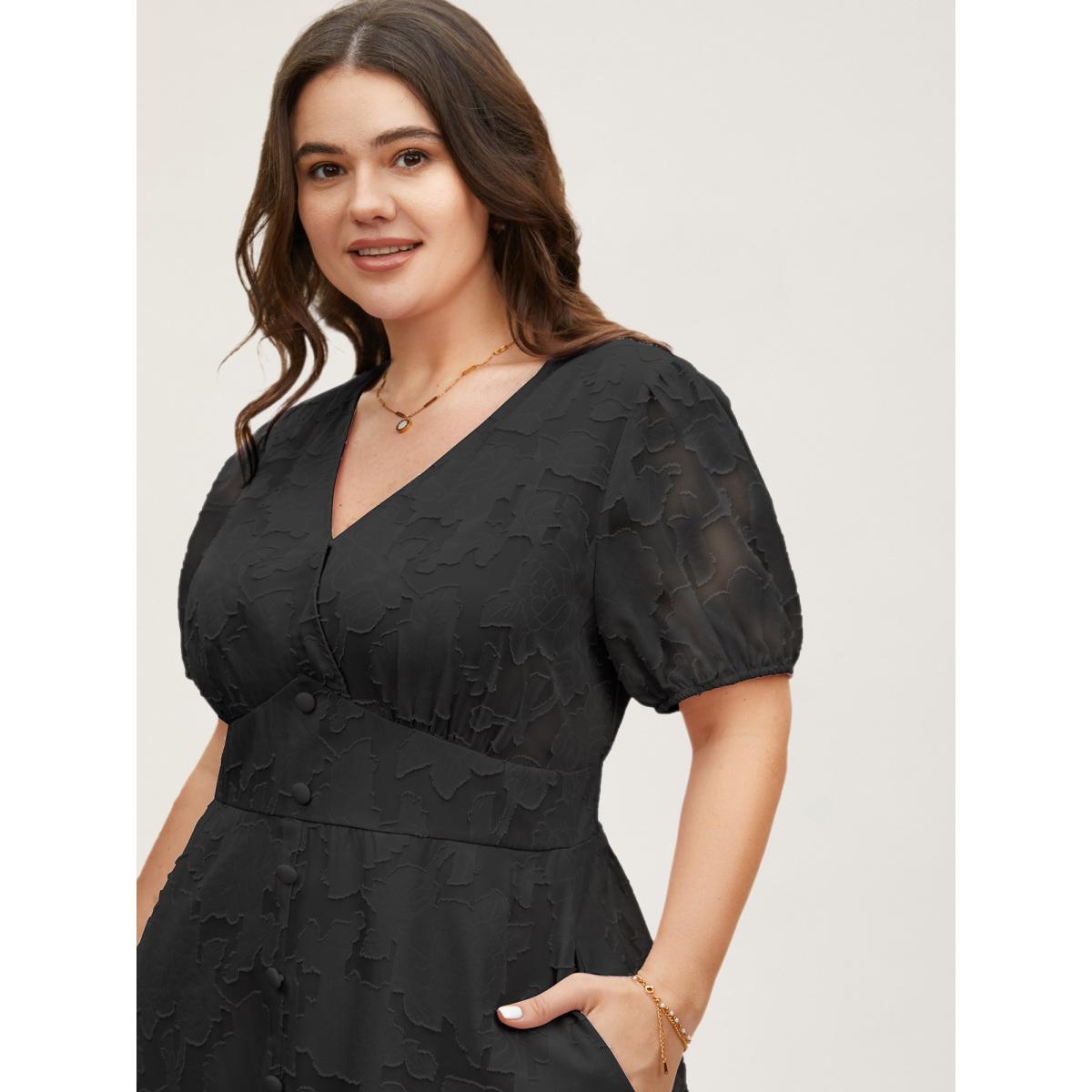 Plus Size Solid Textured Lantern Sleeve Button Detail Dress Black Women Romantic Button V-neck Short sleeve Curvy BloomChic 26/4X Product Image