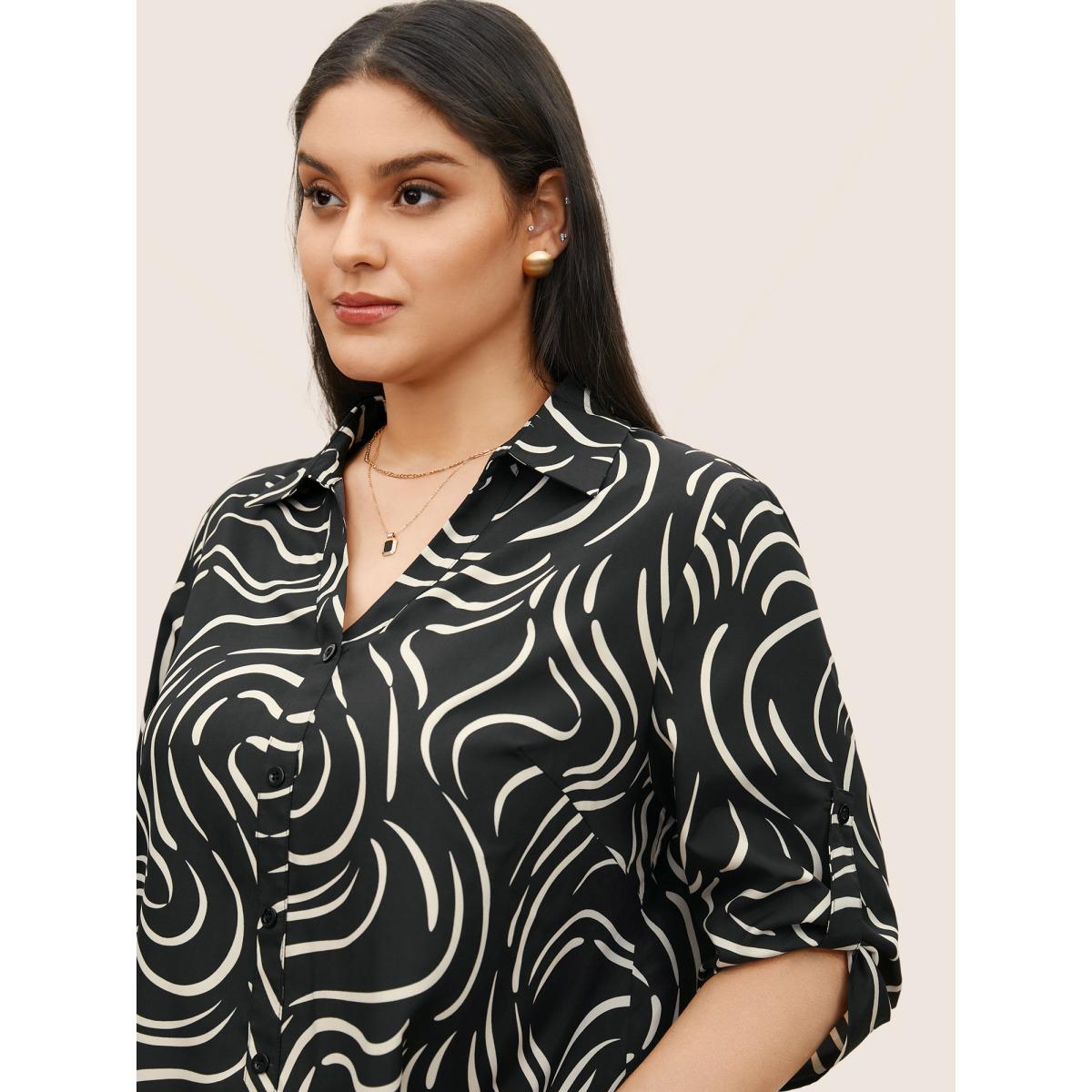Plus Size BlackFlower Shirt Collar Stripes Button Cuff Sleeve Blouse Women At the Office Elbow-length sleeve Shirt collar Work Blouses BloomChic 14-16/1X Product Image