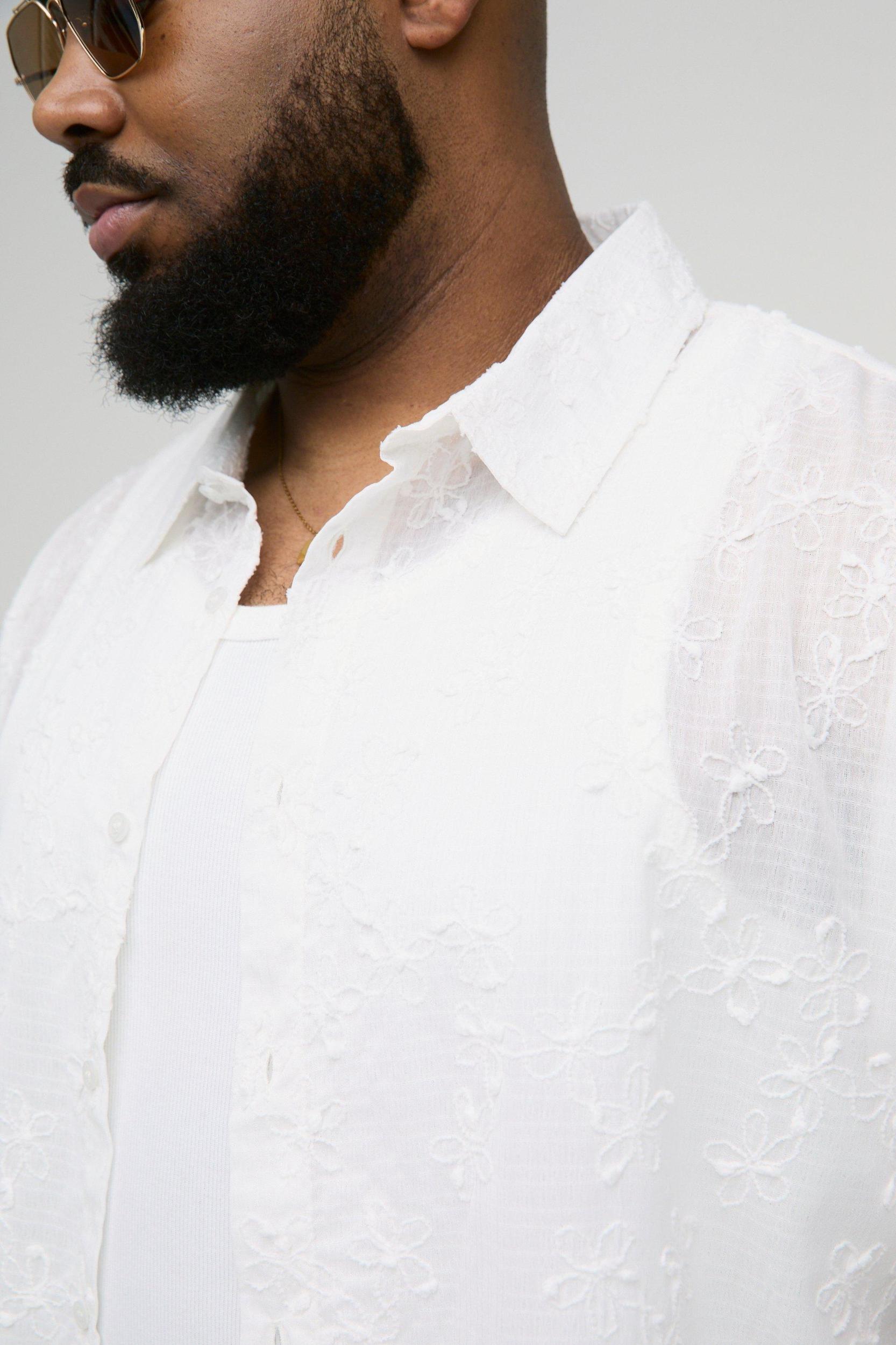 Plus Oversized Floral Embroidered Shirt | boohooMAN USA Product Image