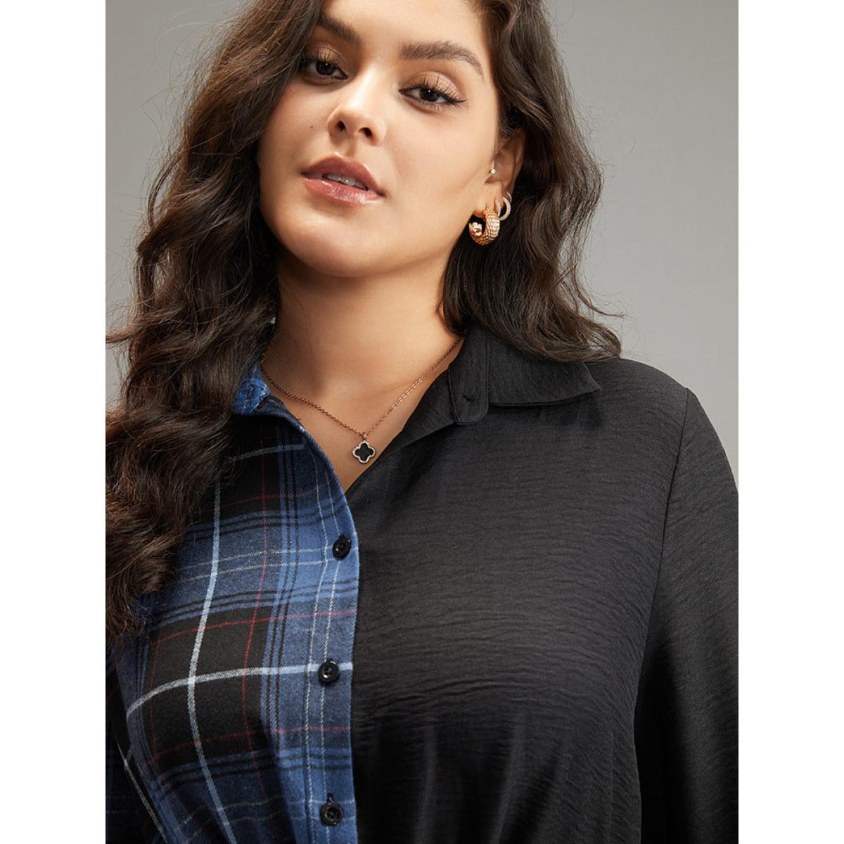 Plus Size Plaid Patchwork Button Through Pocket Dress Multicolor Women Office Contrast Shirt collar Long Sleeve Curvy Midi Dress BloomChic 22-24/3X Product Image
