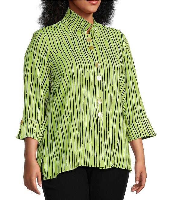 Ali Miles Plus Size Crinkle Woven Abstract Stripe Wire Collar 3/4 Sleeve Button-Front Tunic Product Image