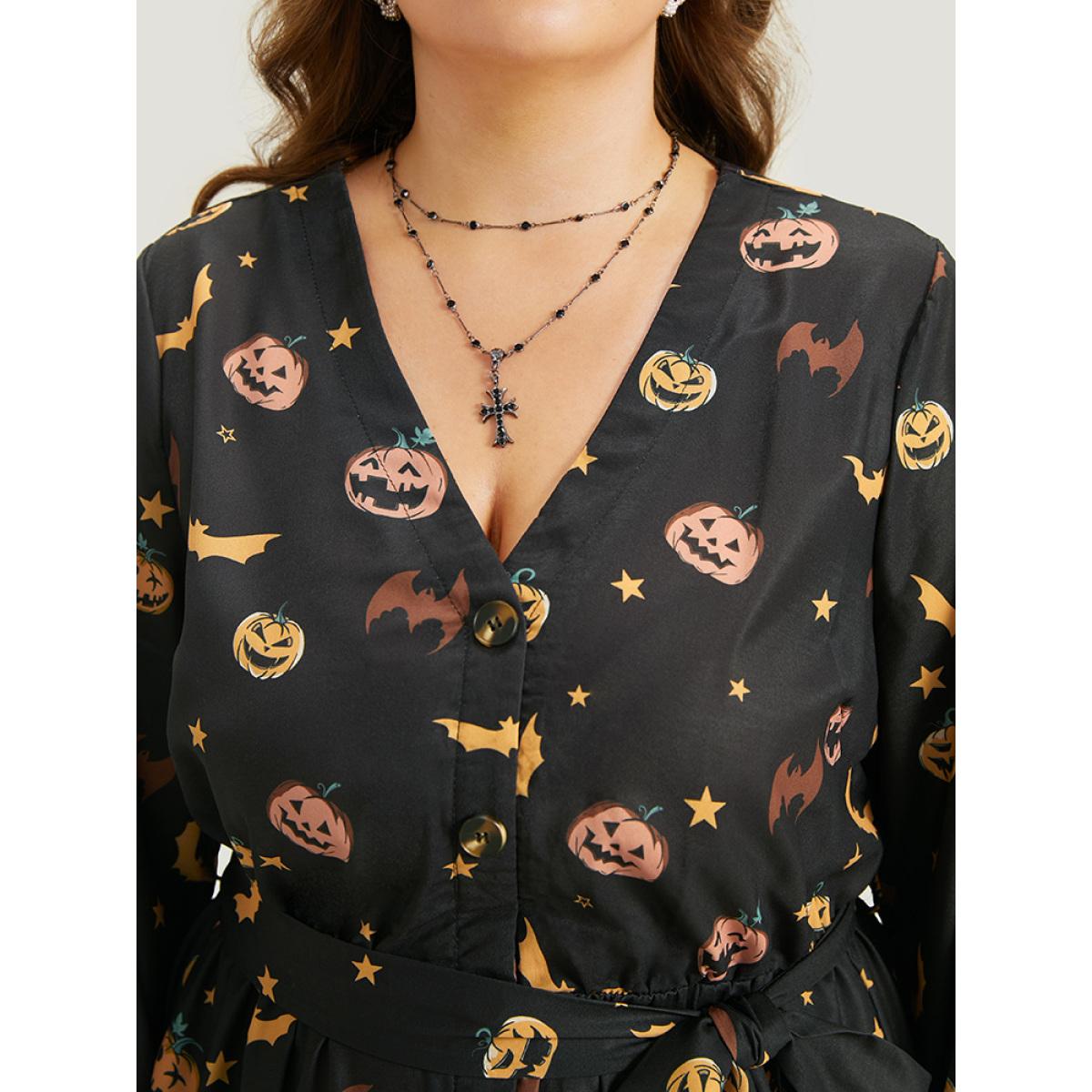 Plus Size Halloween Lantern Sleeve Belted Dress Black Women Casual Belted V-neck Long Sleeve Curvy Midi Dress BloomChic 10/M Product Image