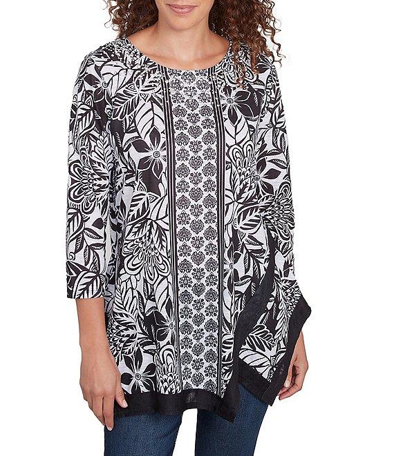 Ruby Rd. Embellished Printed Scoop Neck 3/4 Sleeve Shark-Bite Hem Top Product Image