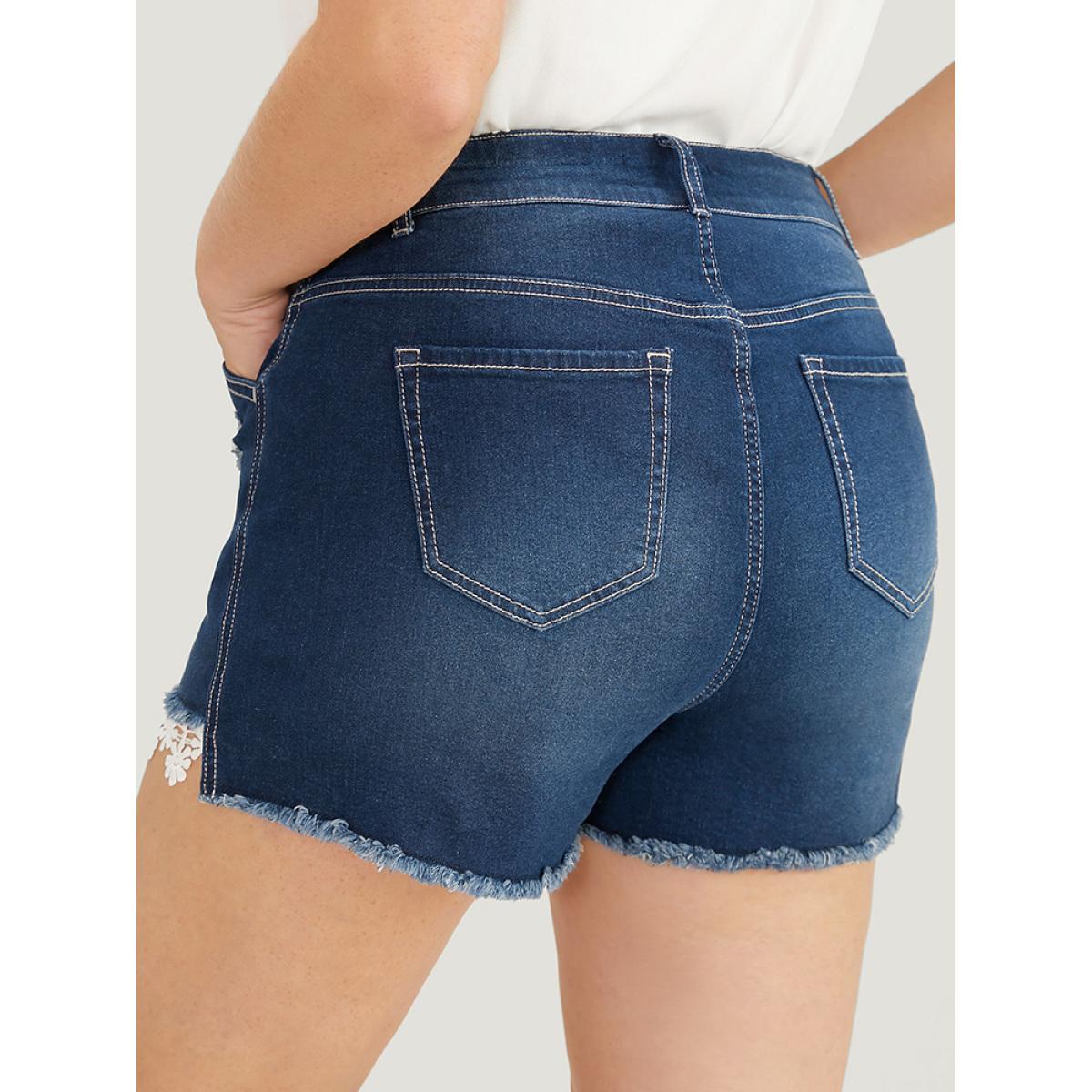 Plus Size Moderately Stretchy Ripped Lace Raw Hem Denim Shorts Women DarkBlue Medium stretch Dailywear Pocket Elegant Denim Shorts BloomChic 10/M Product Image