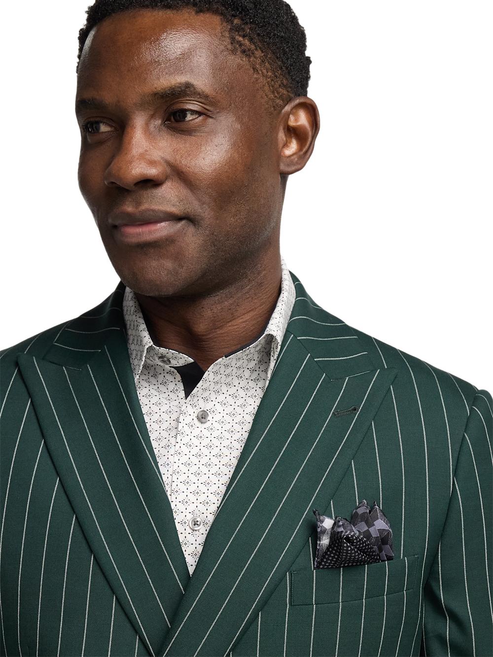 Wool Stretch Stripe Double Breasted Peak Lapel Suit Jacket - Dark Green Product Image