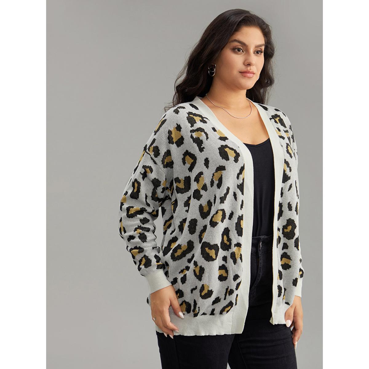 Plus Size Leopard Print Elastic Cuffs Cardigan Leopard Women Casual Loose Long Sleeve Dailywear Cardigans BloomChic 30/6X Product Image