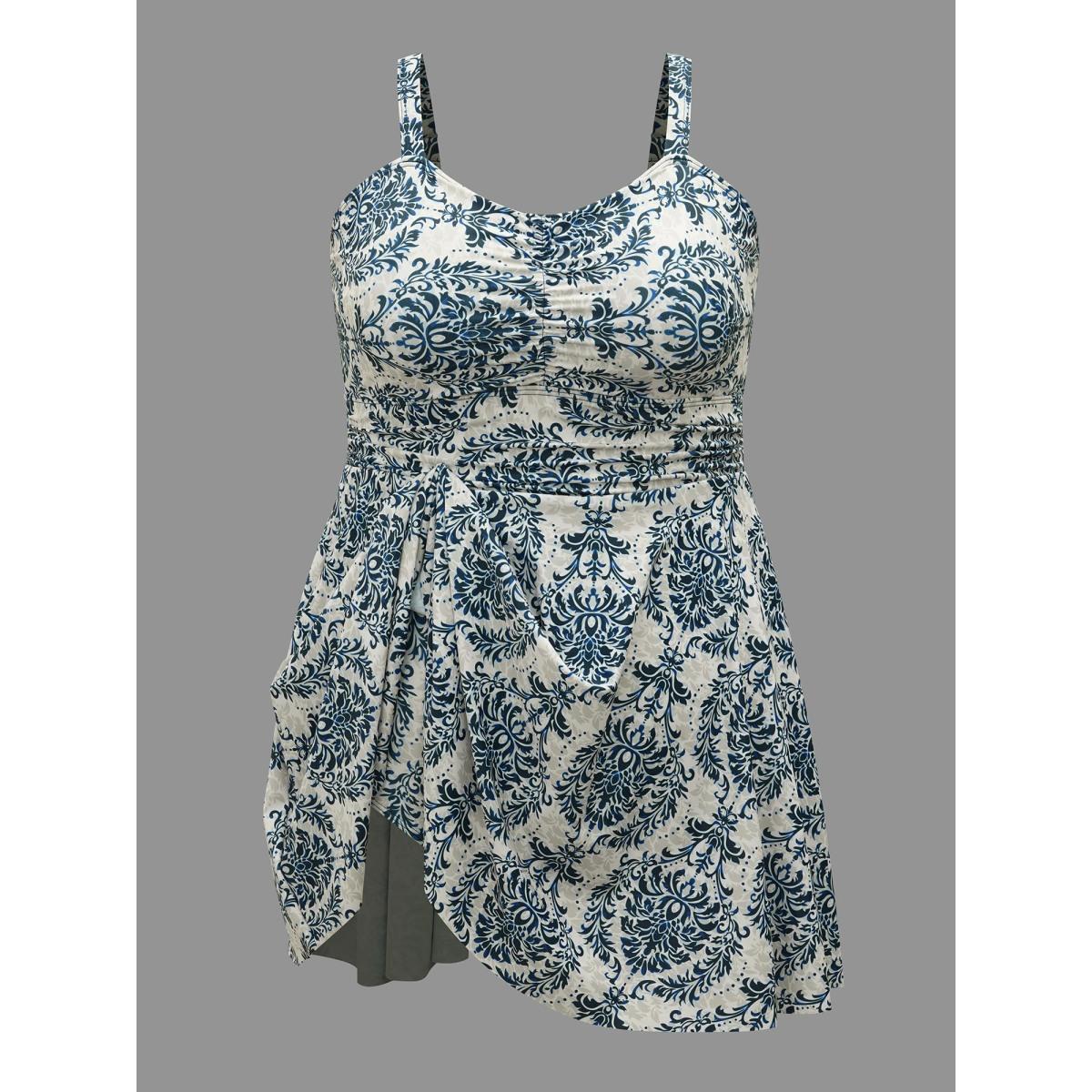 Plus Size Boho Print Heart Neckline Gathered Swim Dress Women's Swimwear DarkBlue Beach Bodycon Heart neckline High stretch Curve Swim Dresses BloomChic 28/5X Product Image