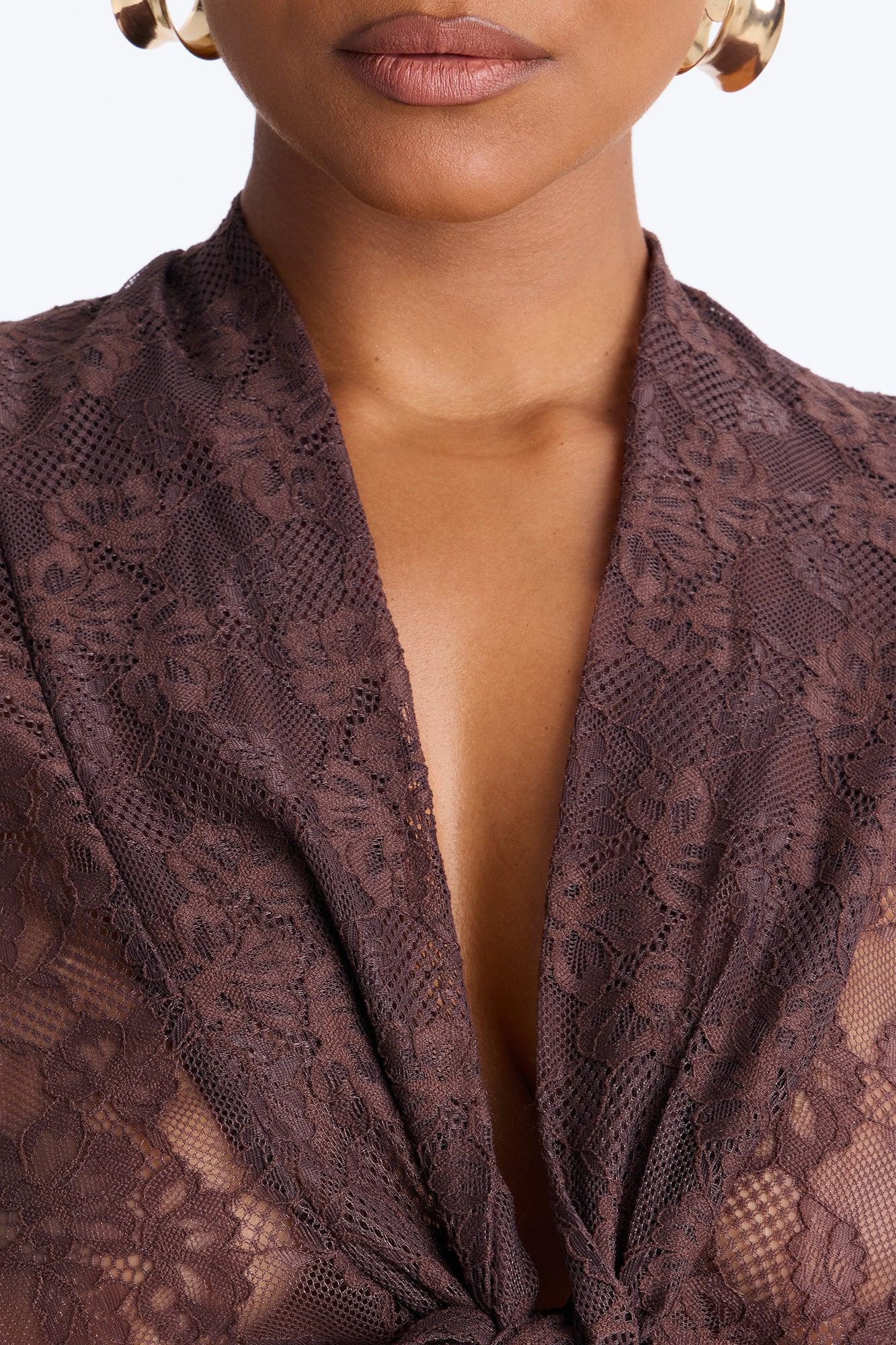 Chic And Out Long Sleeve Lace Bodysuit - Chocolate Female Product Image