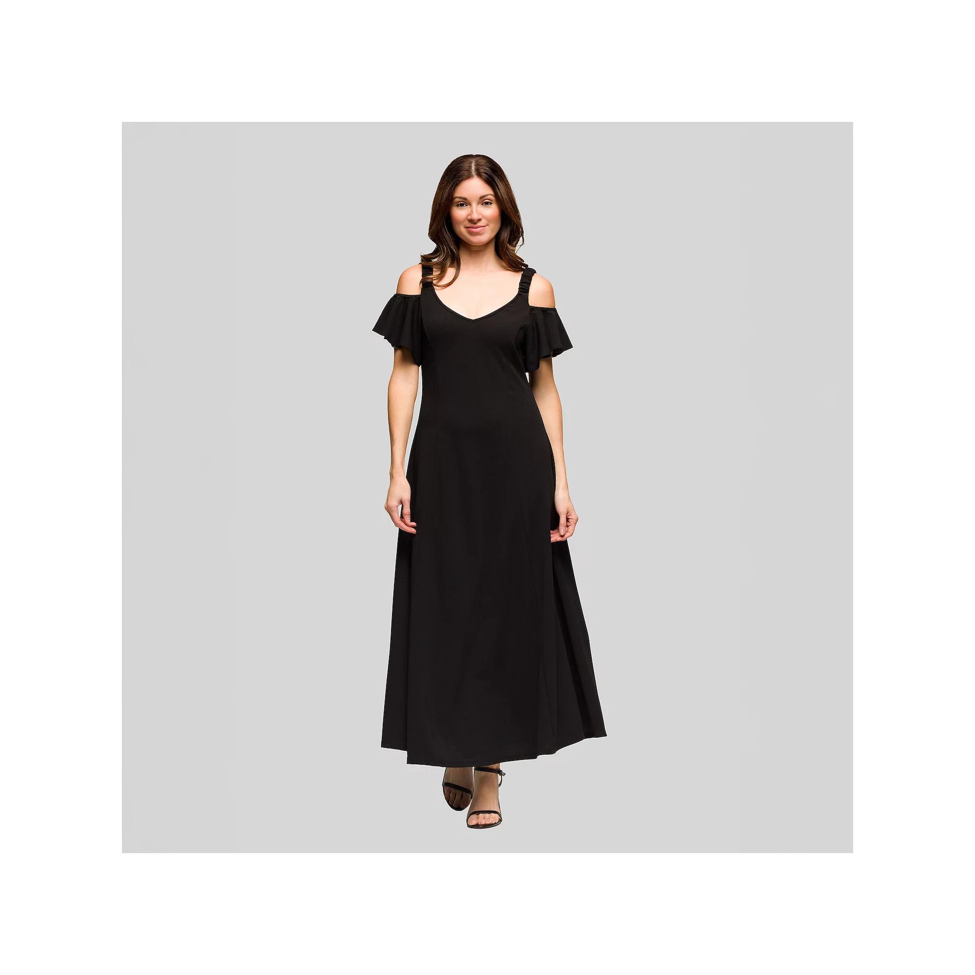 Women's 24Seven Comfort Apparel Cold Shoulder Ruffle Sleeve A-Line Maxi Dress,  Product Image