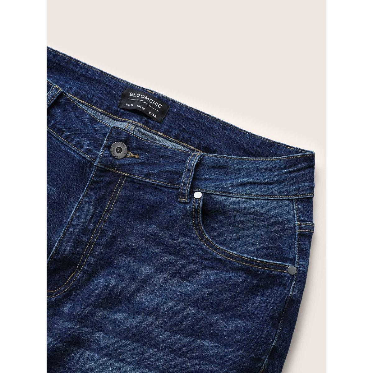 Plus Size Medium Wash Wide Leg High Stretch Jeans Women Blue Timeless Plain Button High stretch Slanted pocket Jeans BloomChic 28/5X Product Image