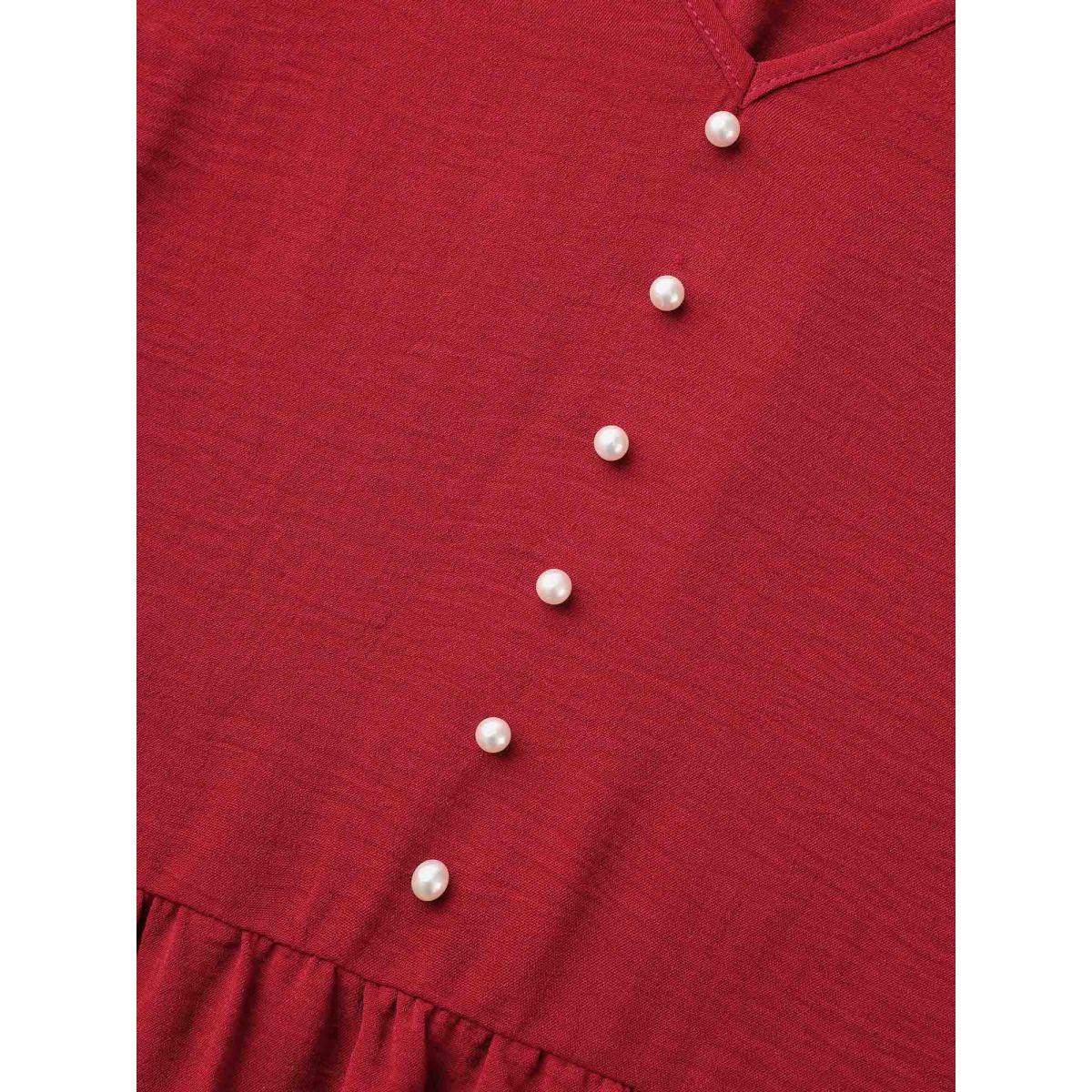 Plus Size Lace Tiered Skirt Elastic Waist V-Neck Dress Burgundy Women Elegant Woven ribbon&lace trim V-neck Long Sleeve Curvy BloomChic 26/4X Product Image