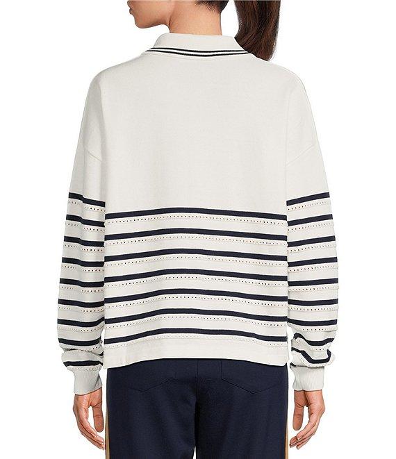 The Upside Wonder Knit Stripe Eyelet Dot Point Collar Long Sleeve Button Front Polo Product Image