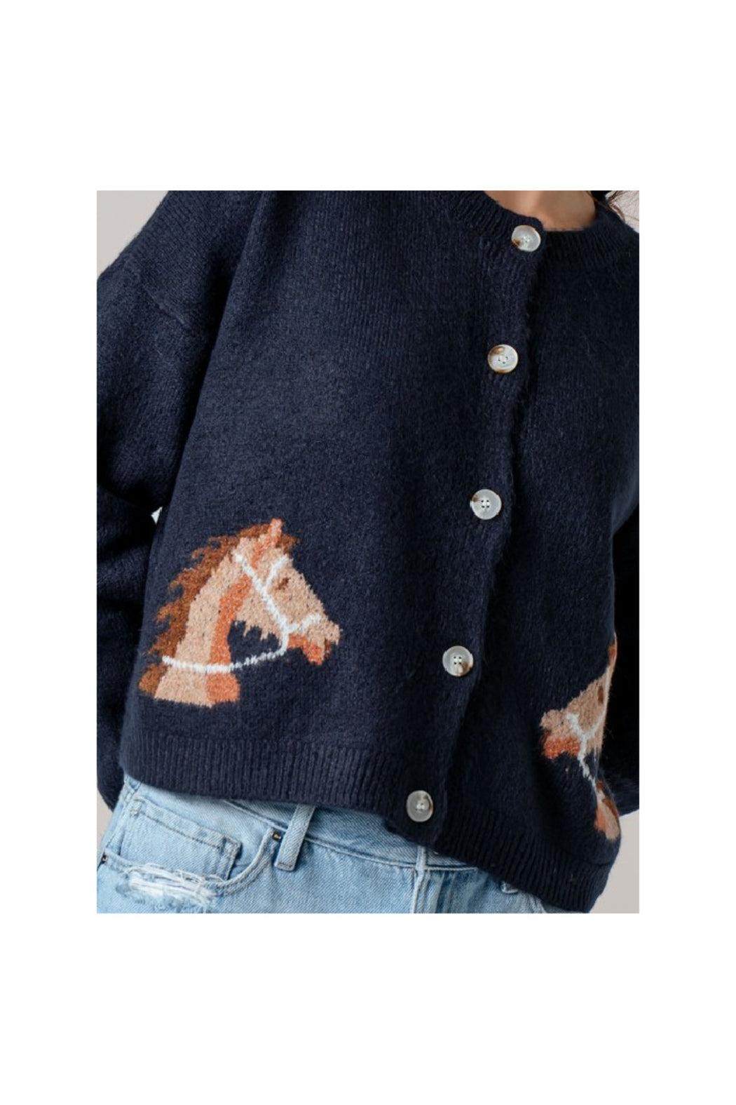 Western Horse Graphic Ribbed Trim Crew Neck Cardigan Product Image