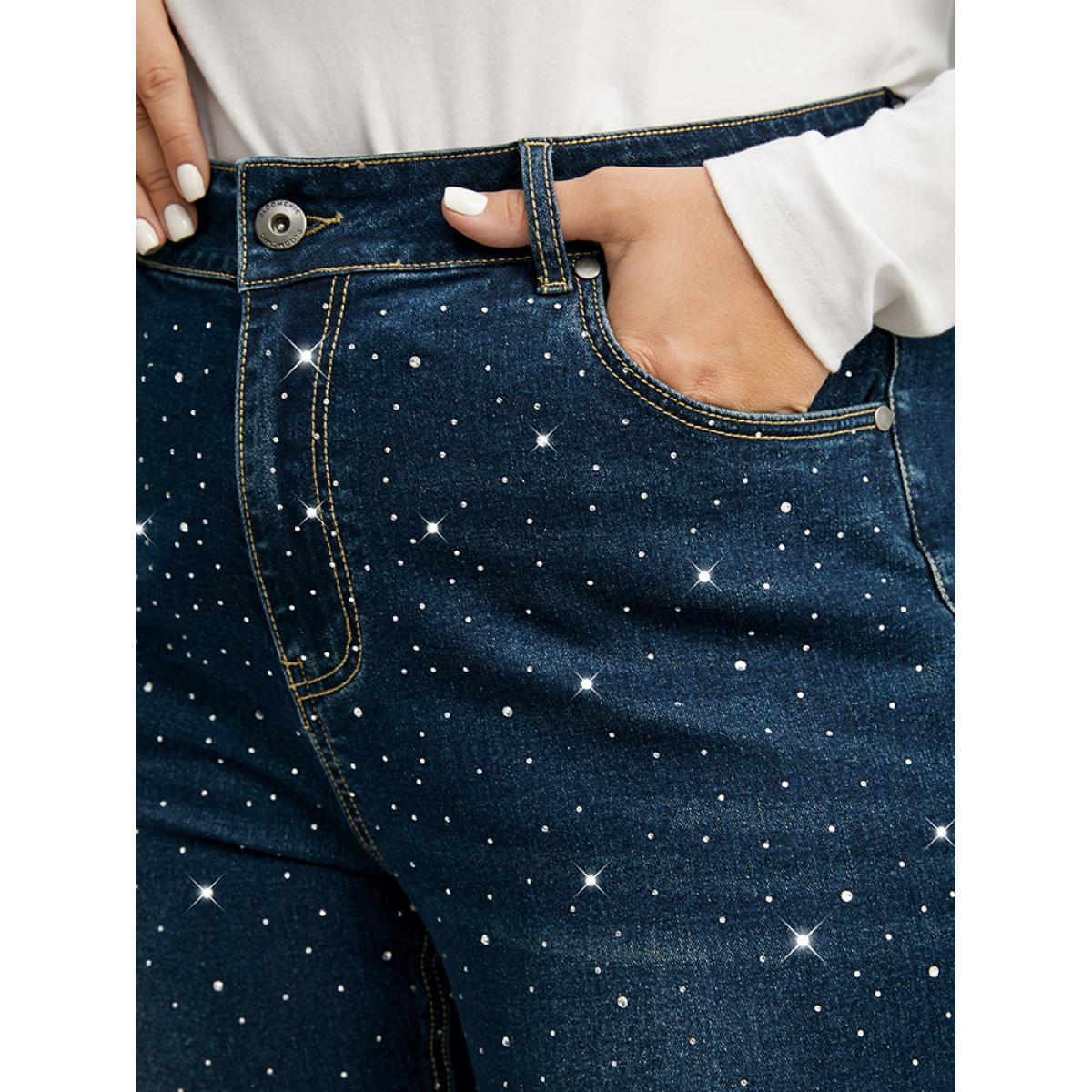 Plus Size Rhinestone Detail Dark Wash Straight Leg Jeans Women DarkBlue Casual Plain Rhinestone detailing High stretch Pocket Jeans BloomChic 26/4X Product Image