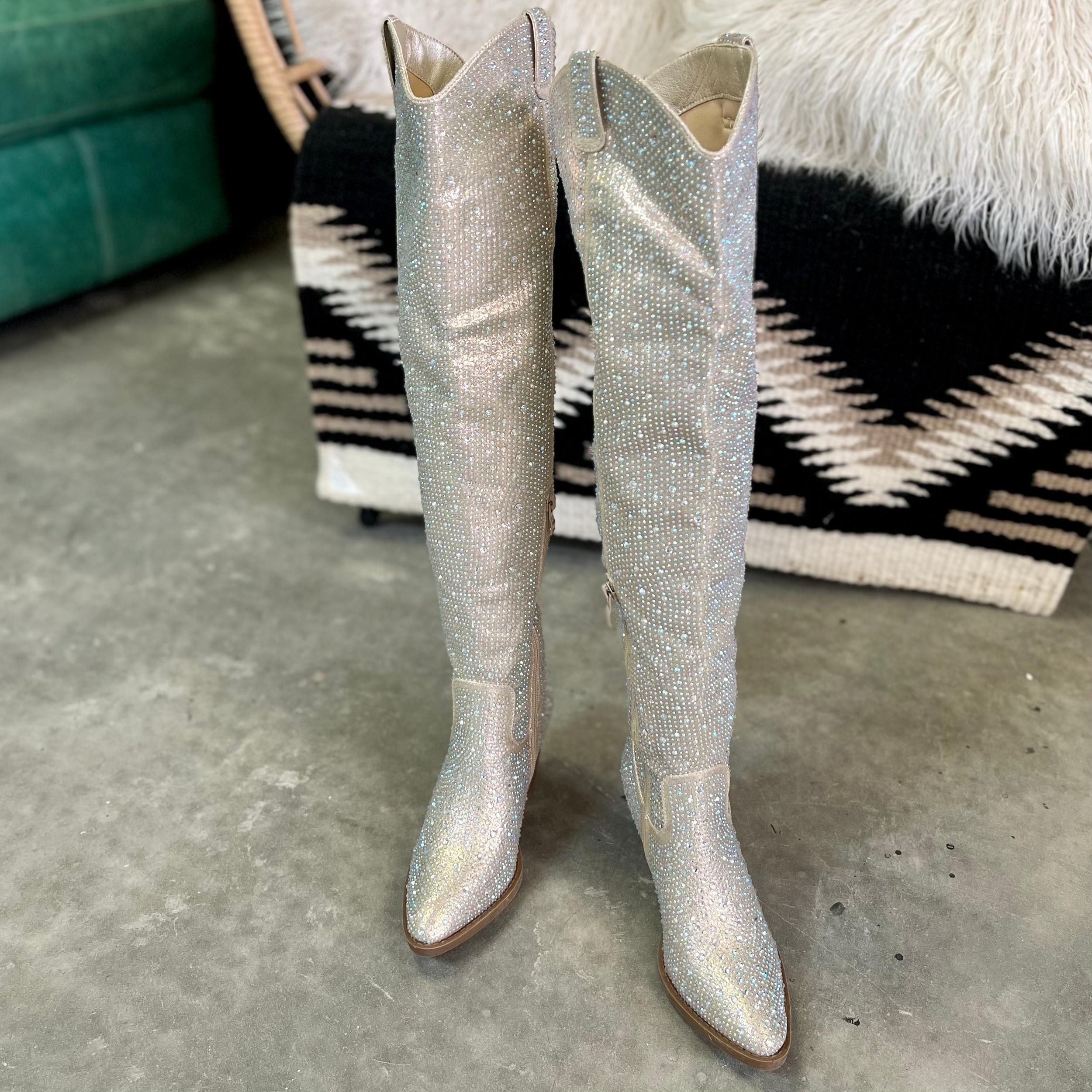 Champagne Bring Ya To Your Knees Rhinestone Boots* Product Image