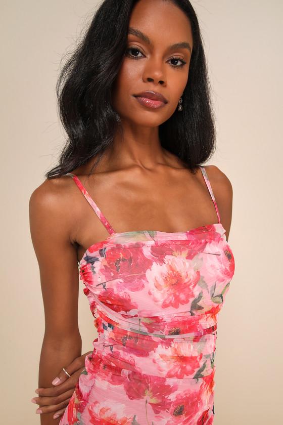 Blossoming Excellence Pink Floral Mesh Ruched Midi Dress Product Image