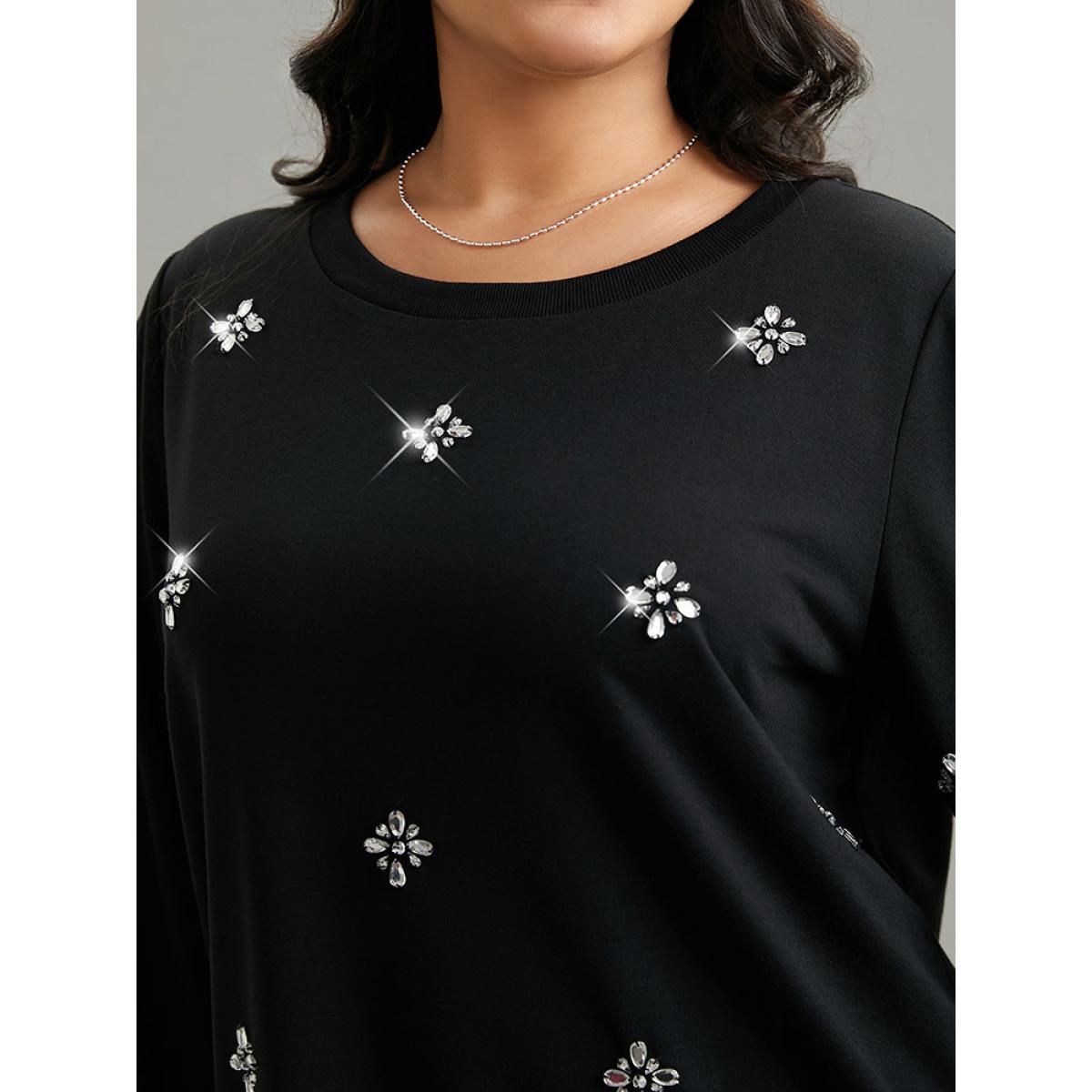 Plus Size Beaded Floral Elastic Cuffs Sweatshirt Women Black Elegant Beaded Round Neck Dailywear Sweatshirts BloomChic 22-24/3X Product Image