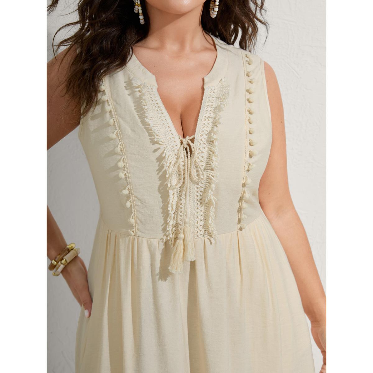 Plus Size Pure Cotton Tassels Lace Midi Dress Apricot Women Boho Woven ribbon&lace trim Flat collar with V-notch Sleeveless Curvy BloomChic 12/L Product Image
