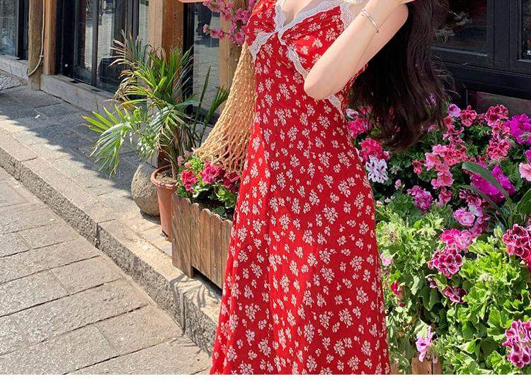 Spaghetti Strap Floral Lace Trim Midi A-Line Sundress Product Image