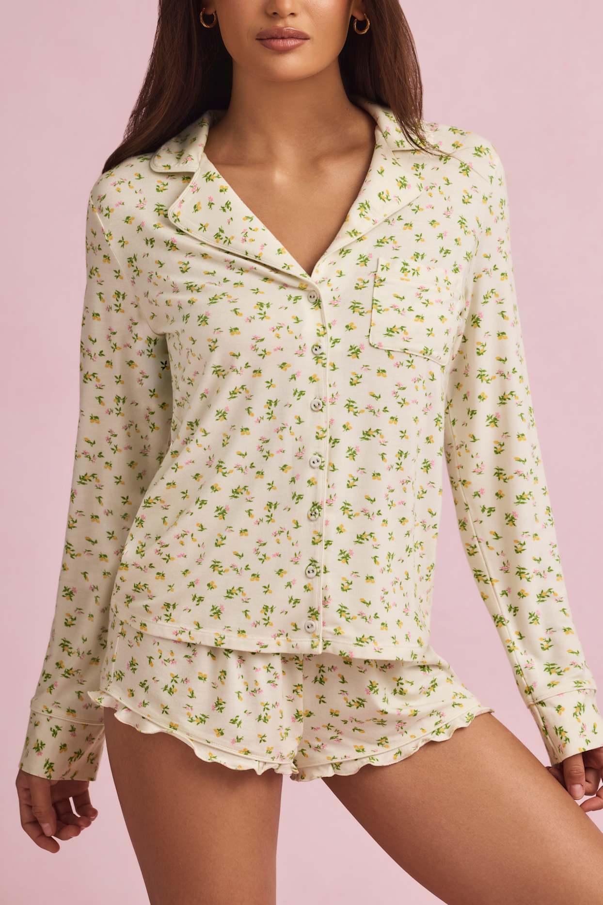 Modal Ruffle-Trim Pyjama Shorts in Lemon Print Product Image