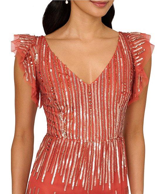 Adrianna Papell V-Neck Ruffle Shoulder Beaded Mesh Tiered Tea Length Dress Product Image