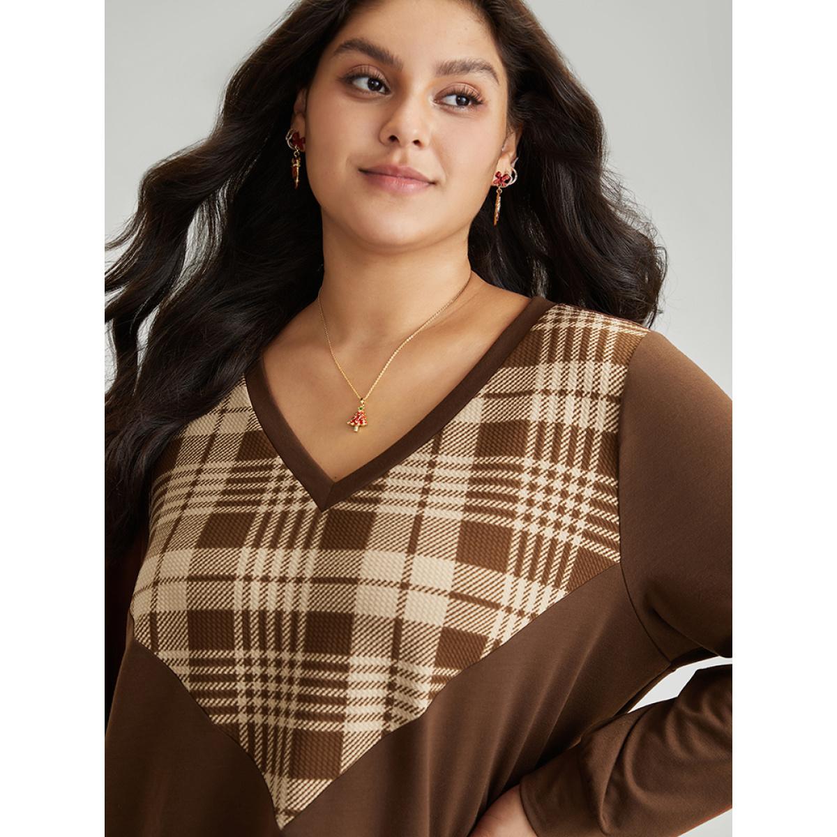 Plus Size Plaid V Neck Patchwork Elastic Cuffs Sweatshirt Women DarkBrown Casual Contrast V-neck Festival-Christmas Sweatshirts BloomChic 18-20/2X Product Image
