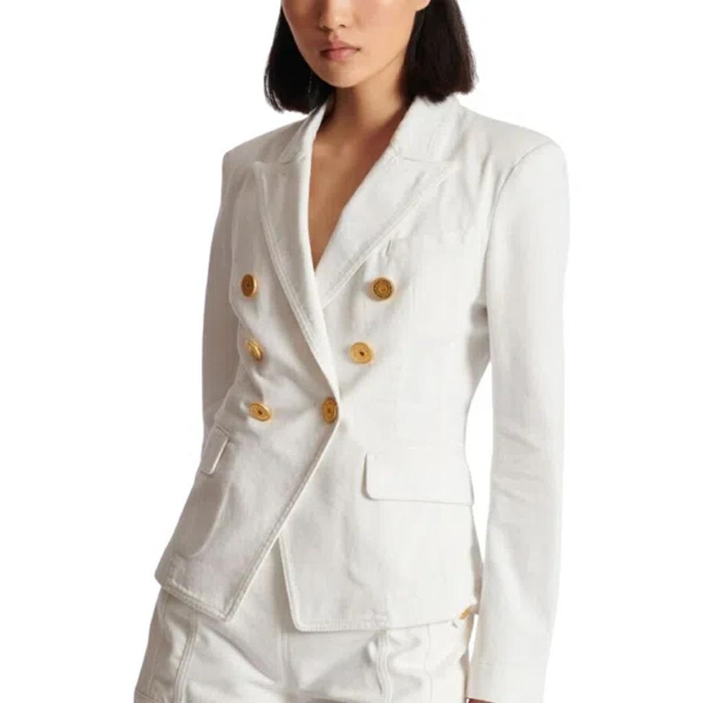 BALMAIN Double-breasted Structured Denim Blazer With Peak Lapel In White Product Image