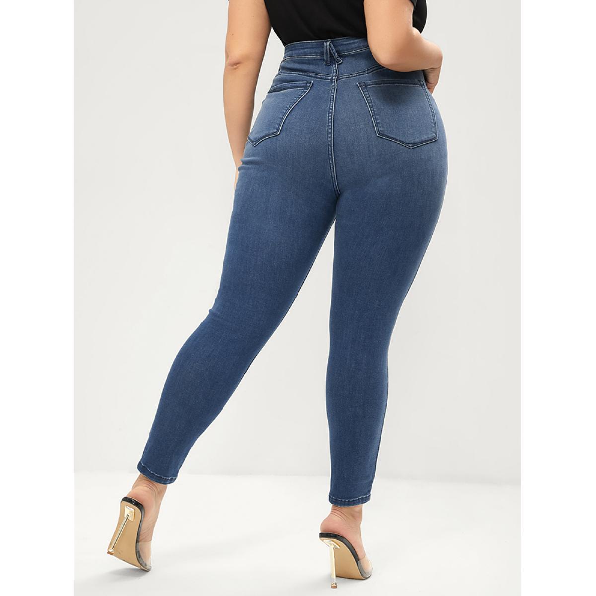 Plus Size Skinny Extremely Stretchy High Rise Medium Wash Sculpt Waist Jeans Women Blue Casual Plain Tummy control Super stretch Slanted pocket Jeans BloomChic 24/3X Product Image
