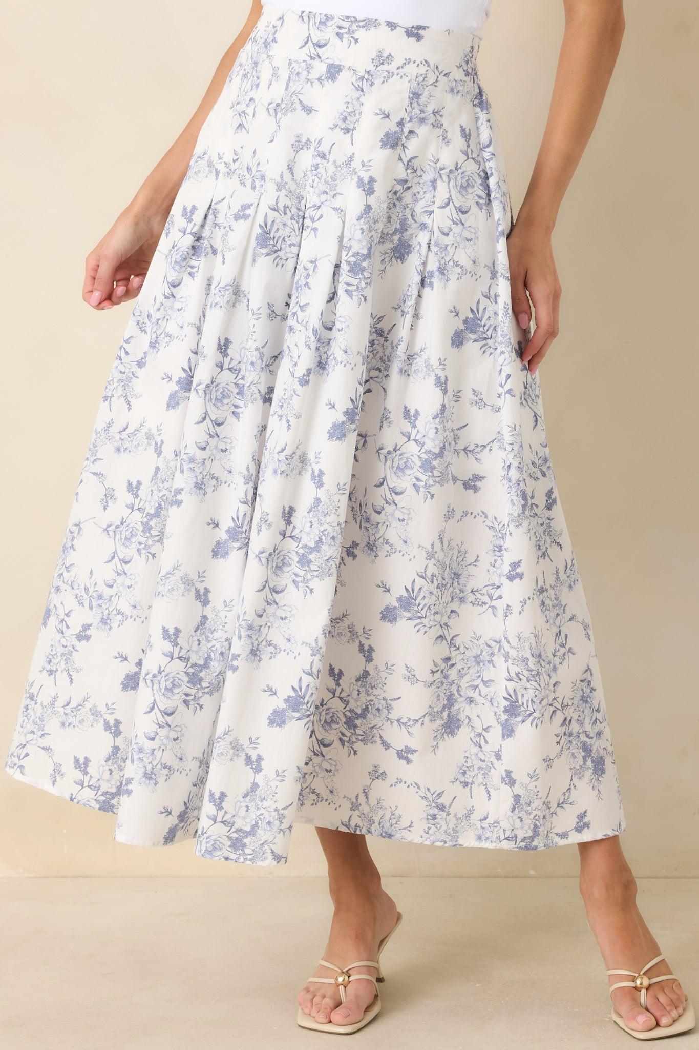 Once Upon a Daydream Blue & Ivory Floral Toile Cotton Maxi Skirt Product Image