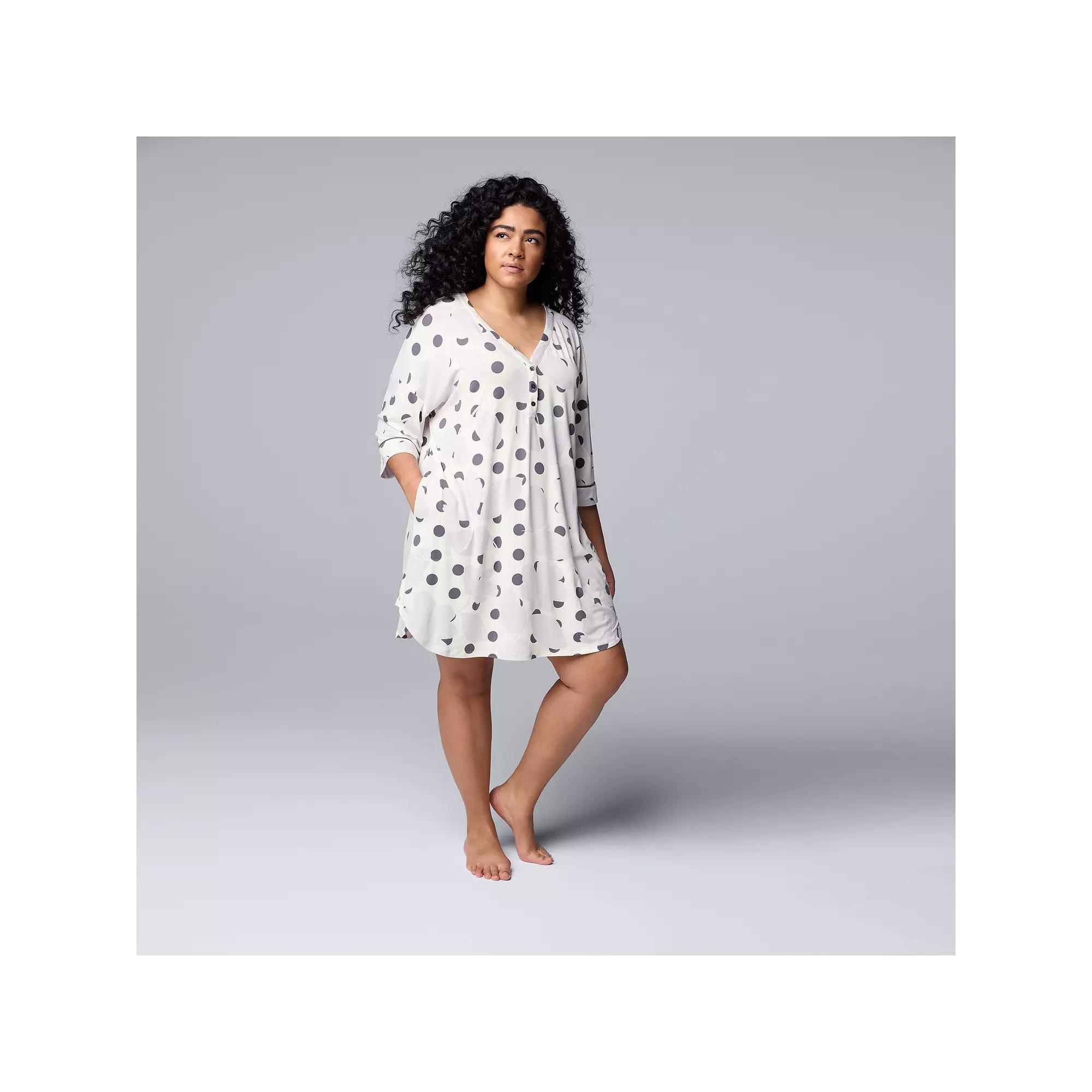 Plus Size Simply Vera Vera Wang Cozy Elbow Sleeve Henley Sleepshirt, Women's, Size: 1XL, Ivory Floral Product Image