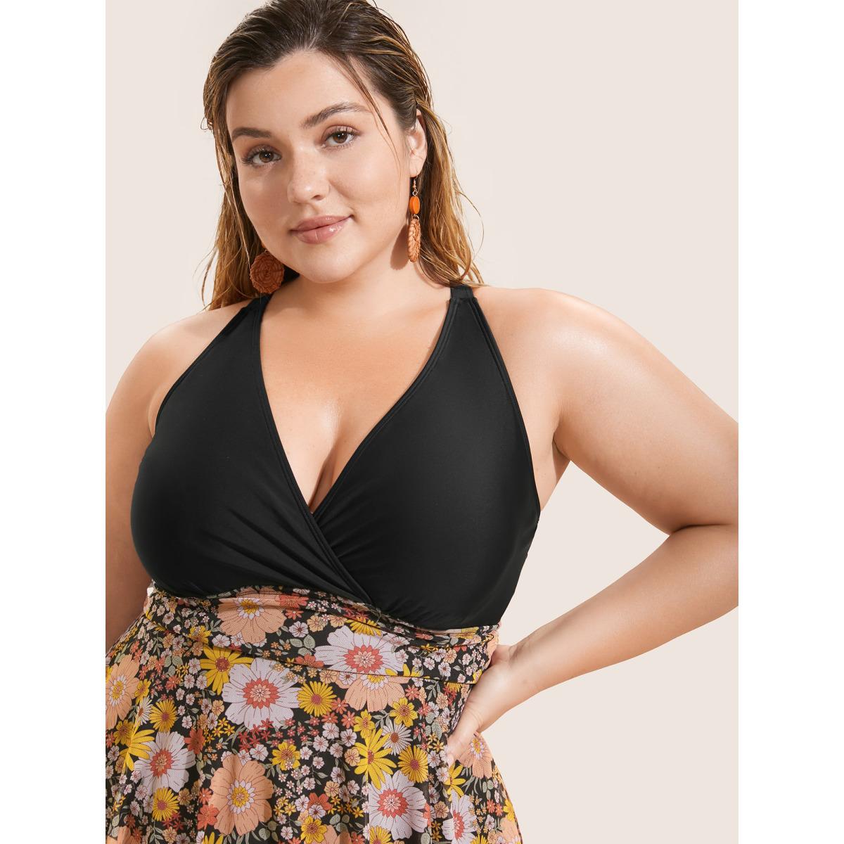 Plus Size Natural Flowers Patchwork Mesh Gathered Swim Dress Women's Swimwear Multicolor Beach Bodycon V-neck High stretch Curve Swim Dresses BloomChic 22-24/3X Product Image