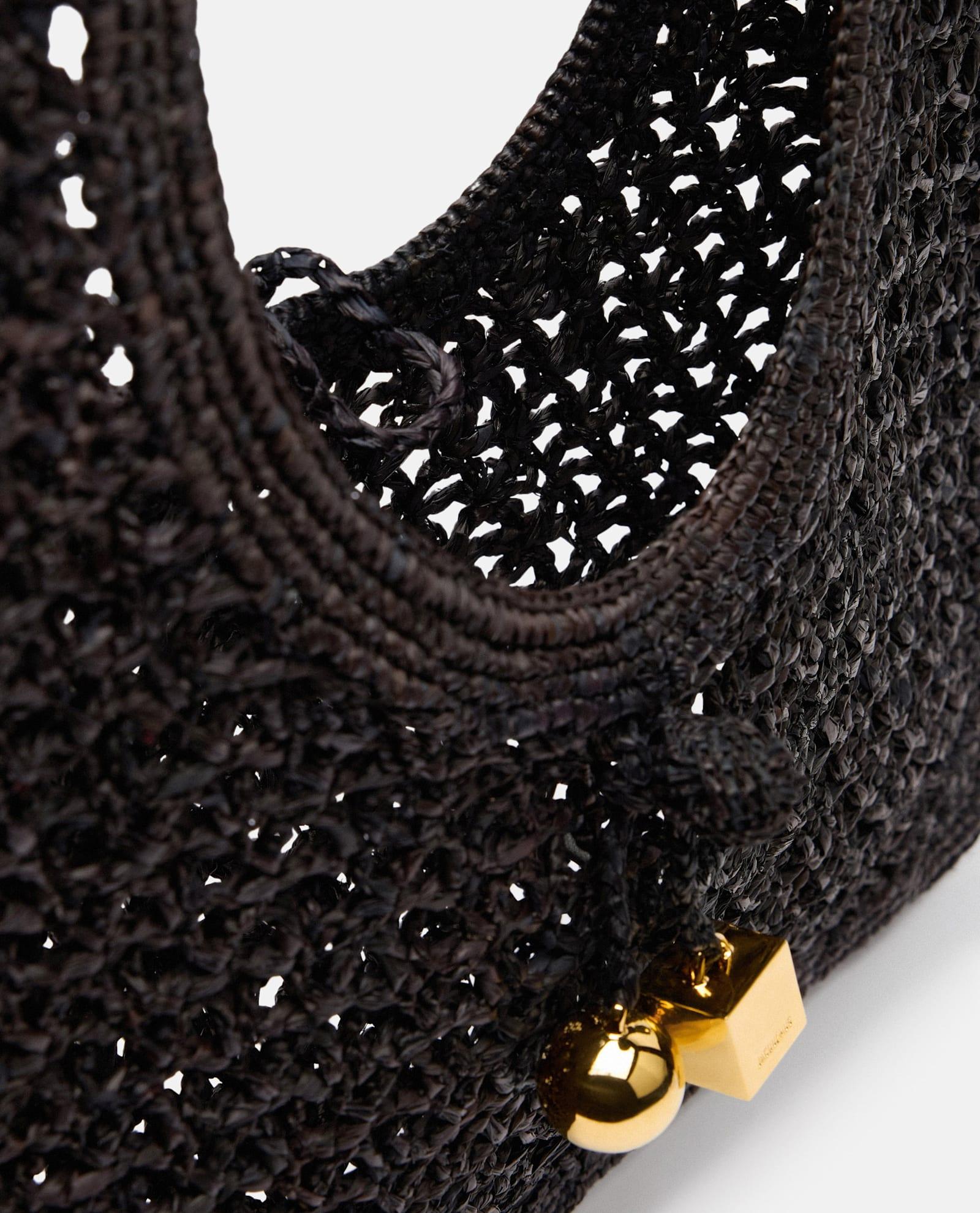 JACQUEMUS Carre Spiaggia Embellished Braided Raffia Tote In Black Product Image