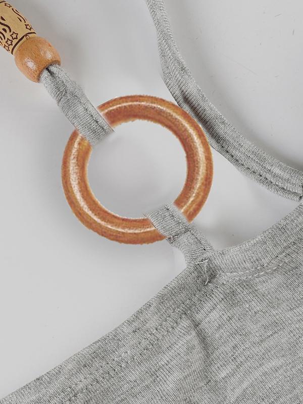 Wooden Bead Necklace Tie-Front Short Sleeve Product Image