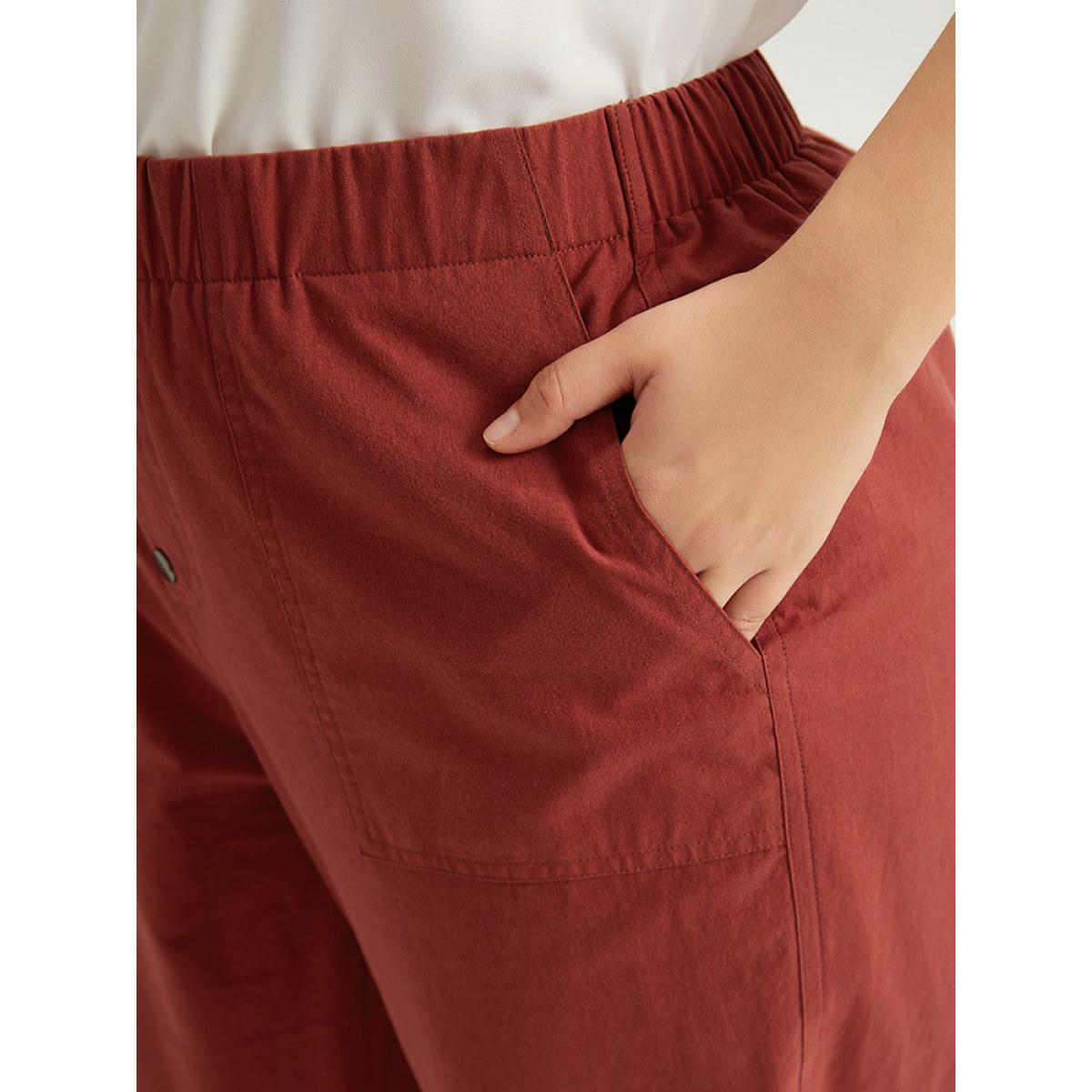 Plus Size Plain Button Up Pocket Straight High Rise Leg Pants Women Russet Casual Straight Leg High Rise Everyday Pants BloomChic 26/4X Product Image