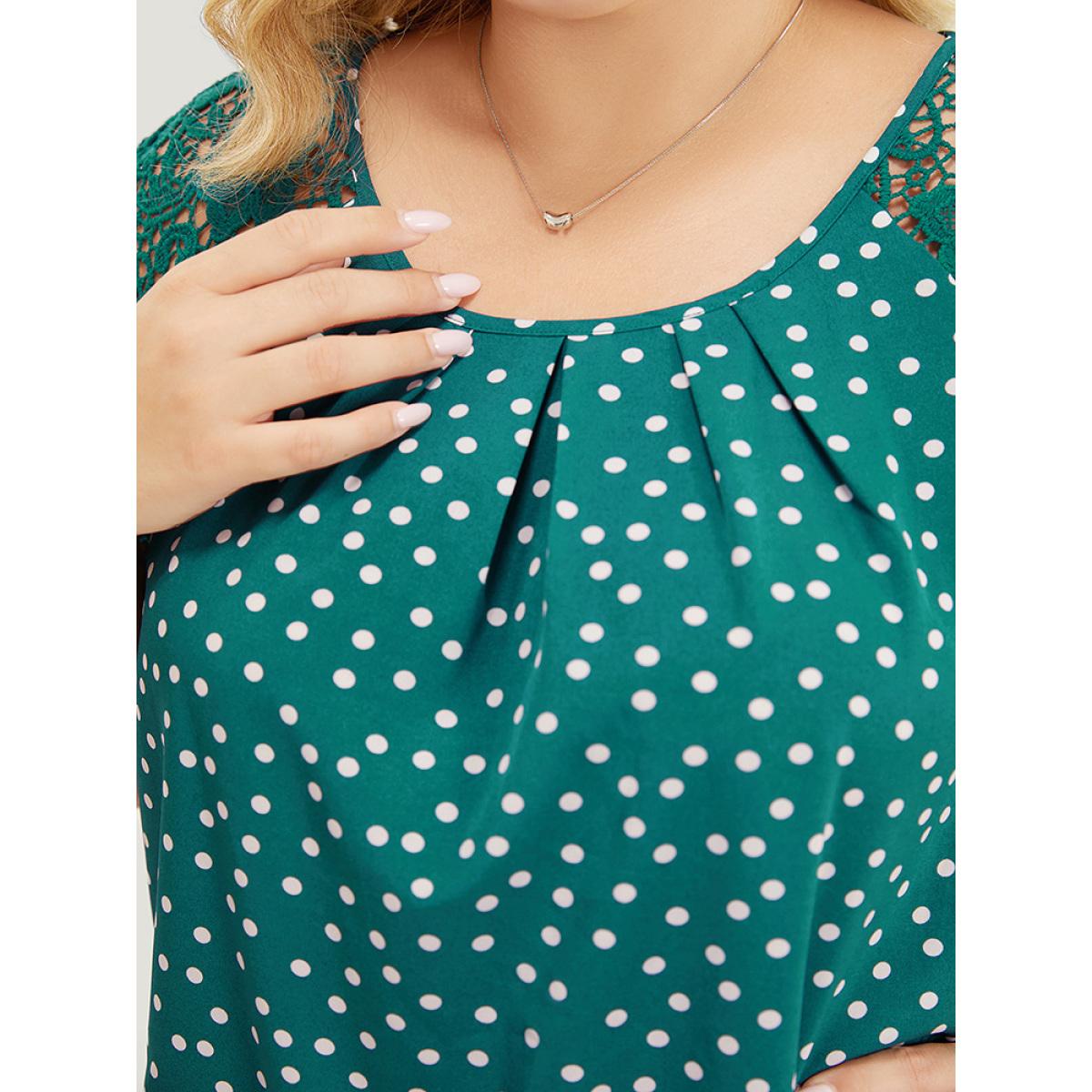 Plus Size Emerald Polka Dot Pleated Detail Lace Raglan Sleeve Blouse Women Elegant Short sleeve Round Neck Dailywear Blouses BloomChic 10/M Product Image