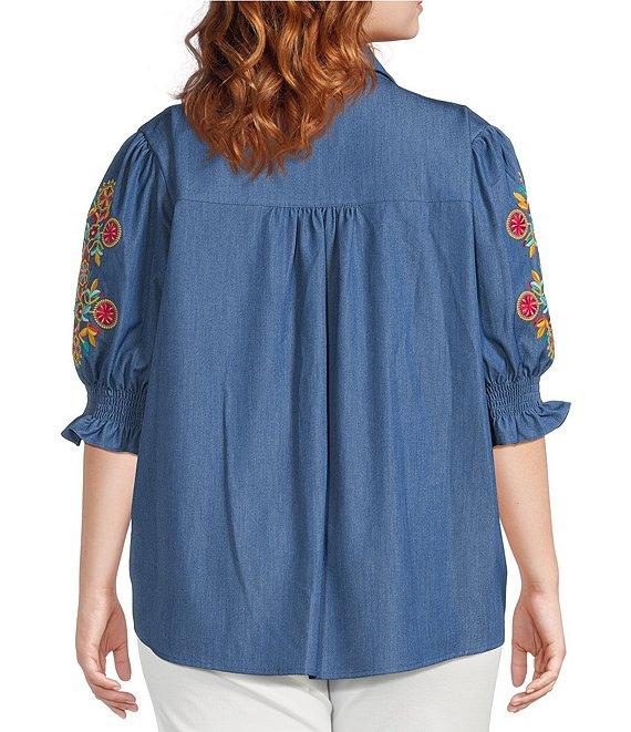 Calessa Plus Size Embroidered 3/4 Sleeve Point Collar Button Front Shirt Product Image
