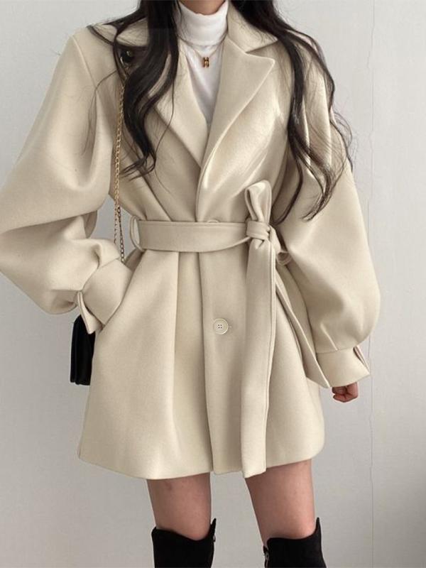 Puff Sleeve Belted Woolen Coat Product Image