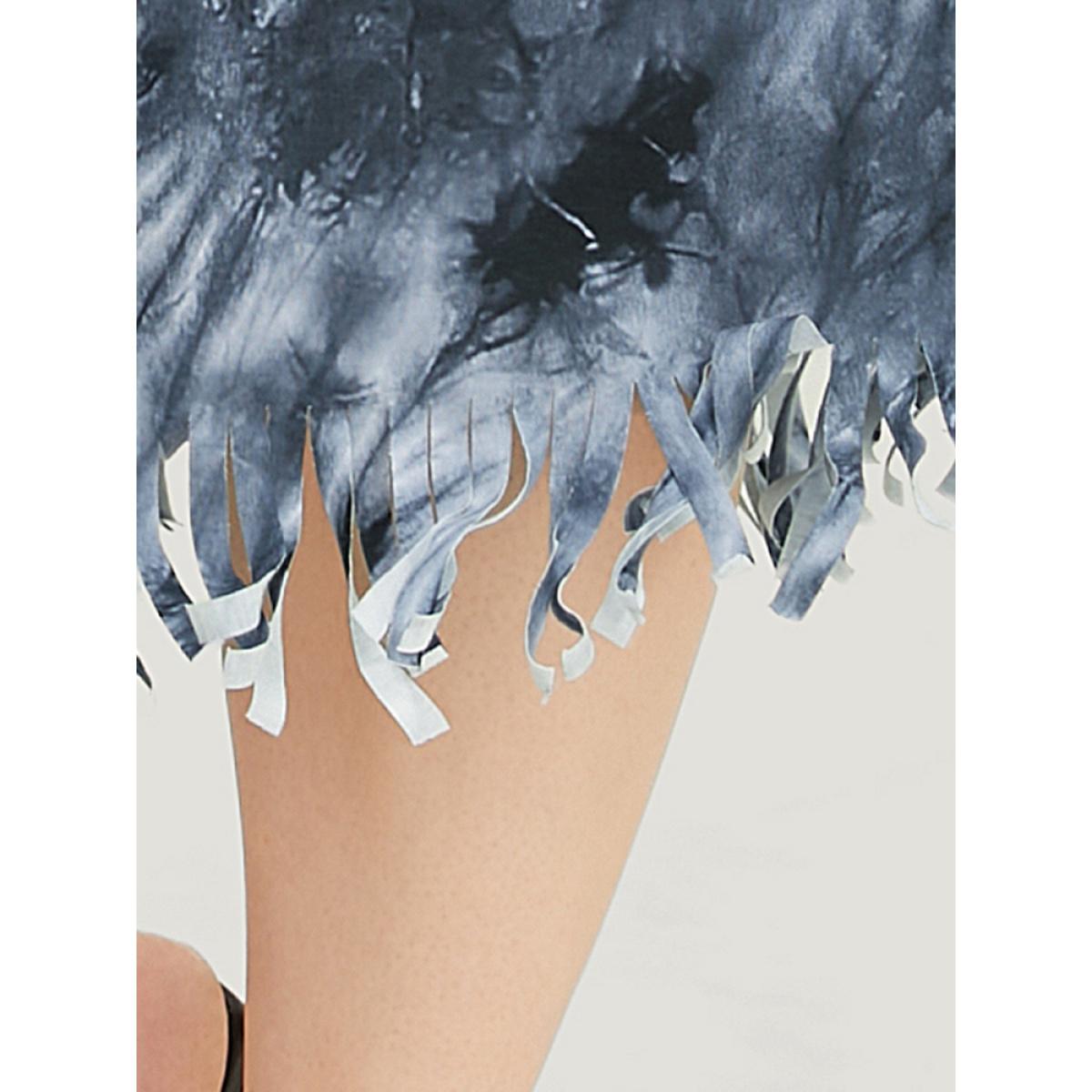 Plus Size Tie Dye V Neck Pocket Batwing Sleeve Fringe Hem Dress Indigo Women Vacation Tassels V-neck Half Sleeve Curvy Midi Dress BloomChic 12/L Product Image