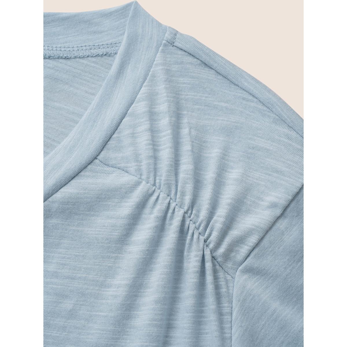 Plus Size Plain Ruffle Sleeve Heather V Neck T-shirt LightBlue Women Casual Plain V-neck Everyday T-shirts BloomChic 18-20/2X Product Image