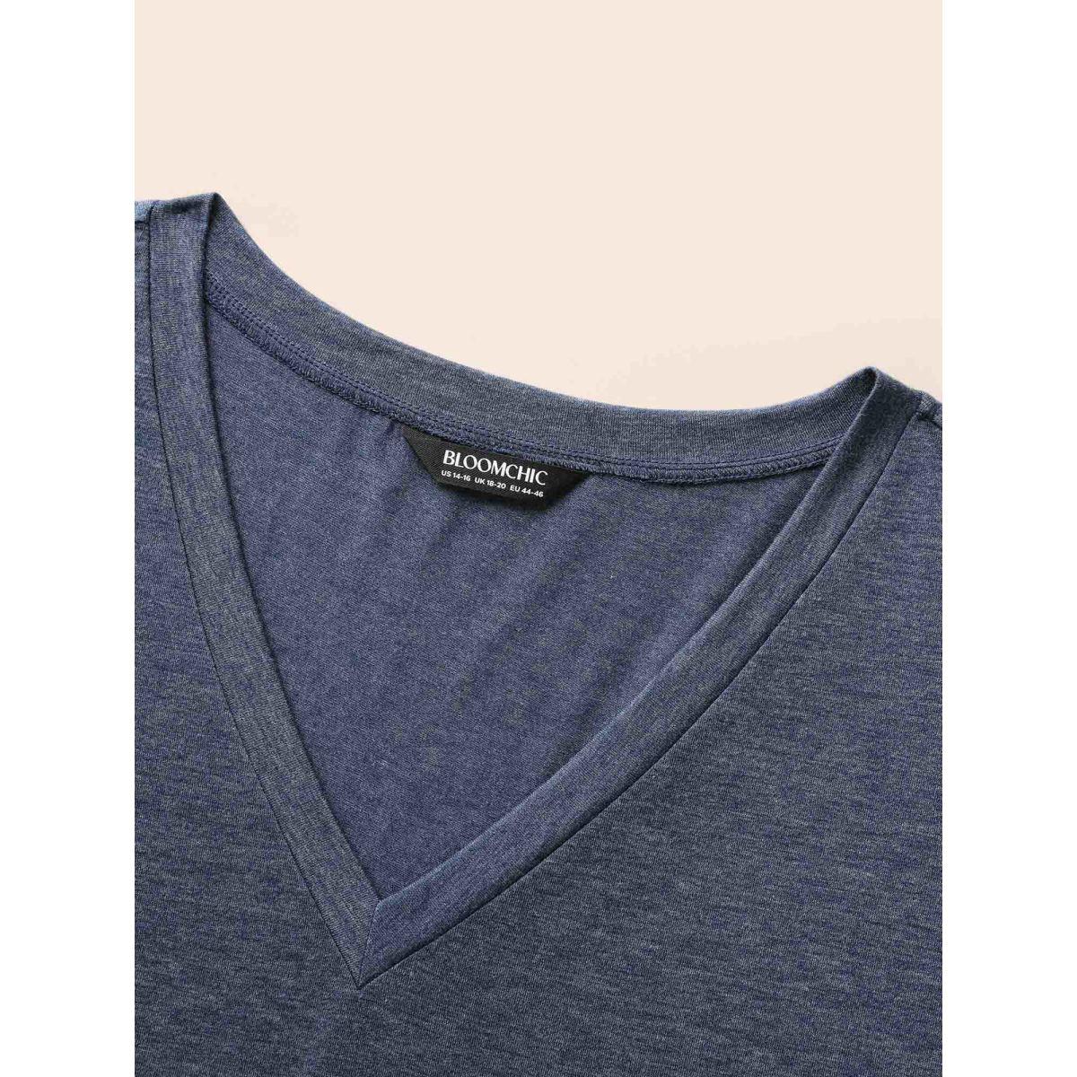 Plus Size Heather Plicated Detail V Neck Button Detail T-shirt Blue Women Casual Plain Plain V-neck Dailywear T-shirts BloomChic 10/M Product Image