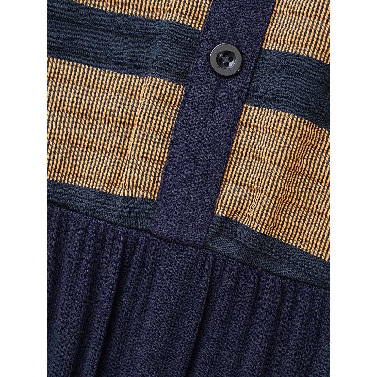 Plus Size Striped Contrast Elastic Waist Dress Yellowishbrown Women Casual Contrast Round Neck Elbow-length sleeve Curvy BloomChic 26/4X Product Image