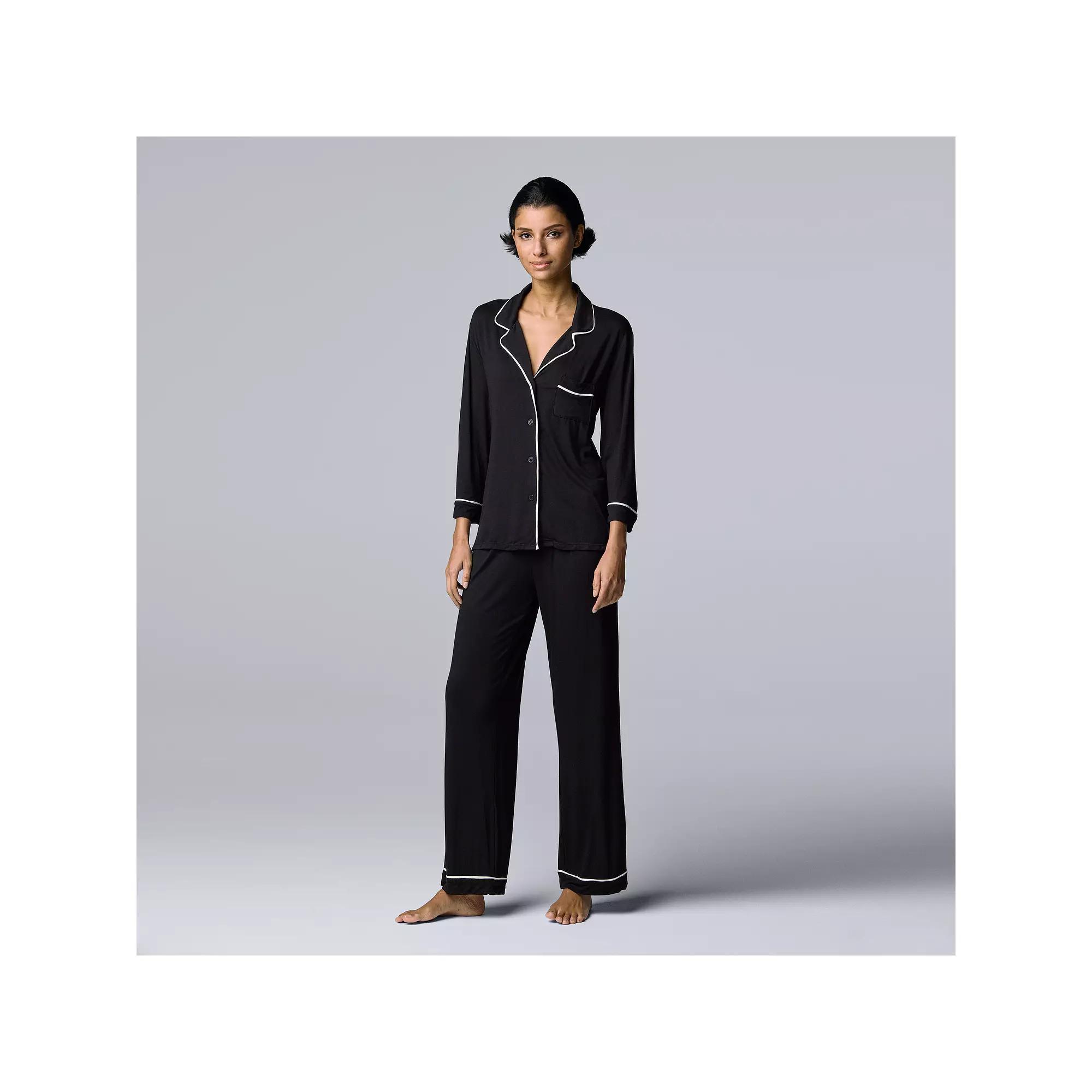 Women's Simply Vera Vera Wang Basic Luxury ¾ Sleeve Pajama Shirt & Pants Sleep Set,  Product Image