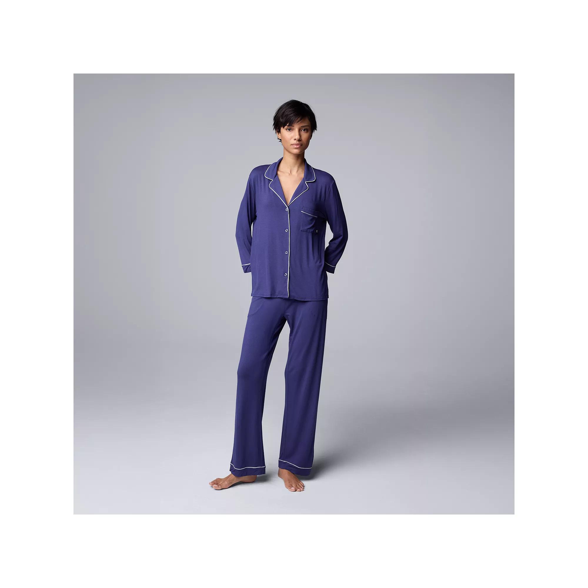 Women's Simply Vera Vera Wang Basic Luxury ¾ Sleeve Pajama Shirt & Pants Sleep Set,  Product Image