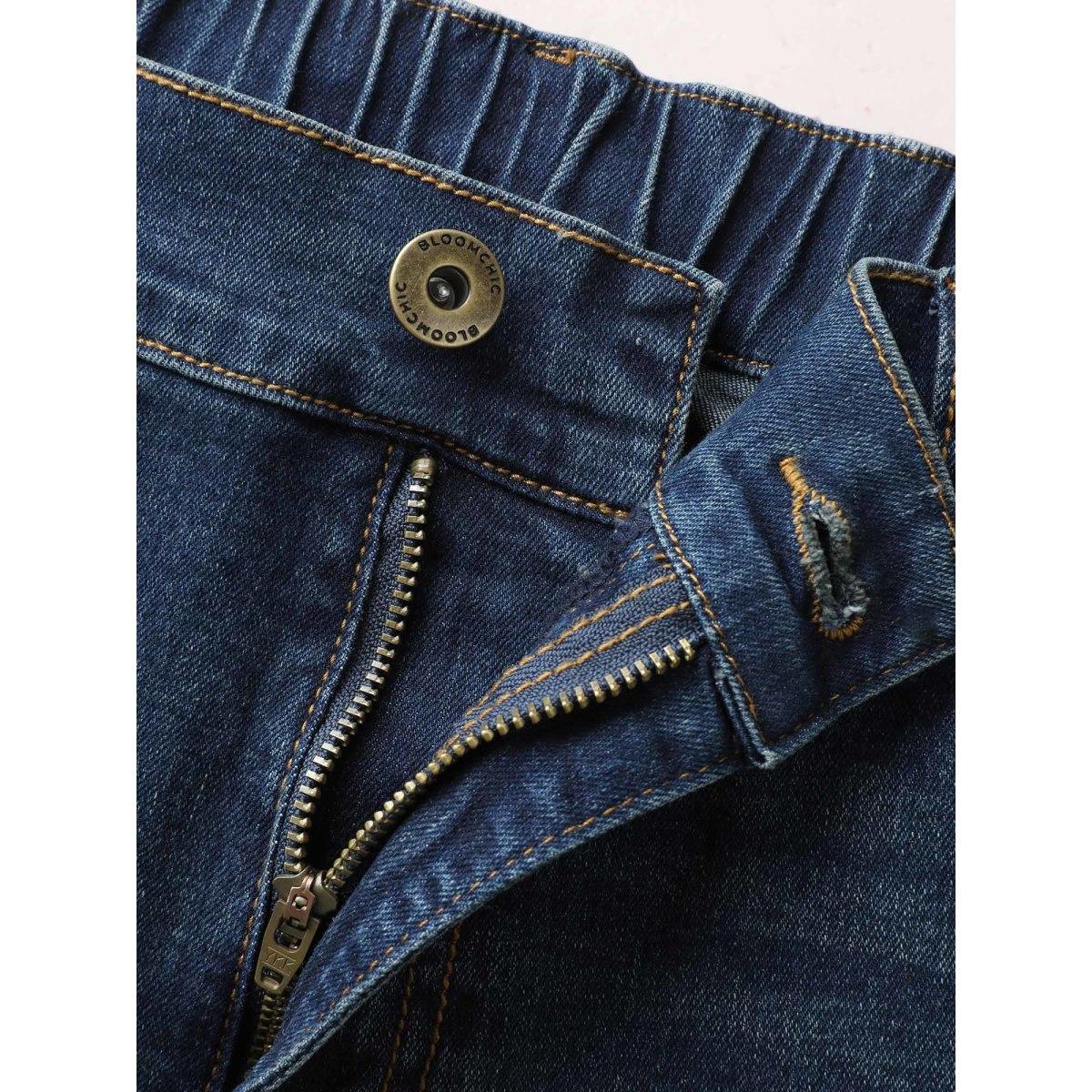 Plus Size Stretch Denim Pocket Distressing Slim-Fit Jeans Women Bluevintage Casual Button Medium stretch Slanted pocket Jeans BloomChic 16/1X Product Image